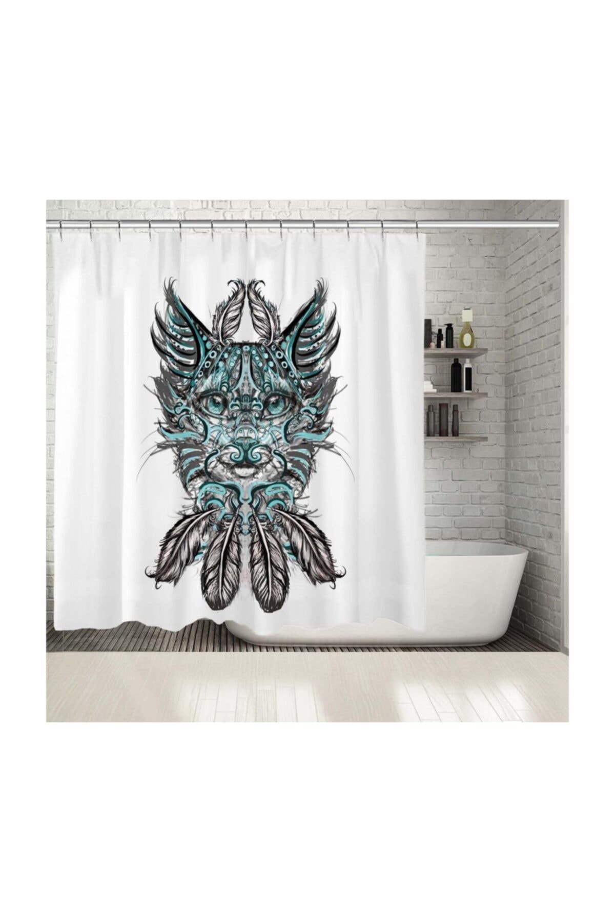 Henge Home Baskılı Duş Perde Kedi Kafa Tüy Desenli Yeşil Siyah
