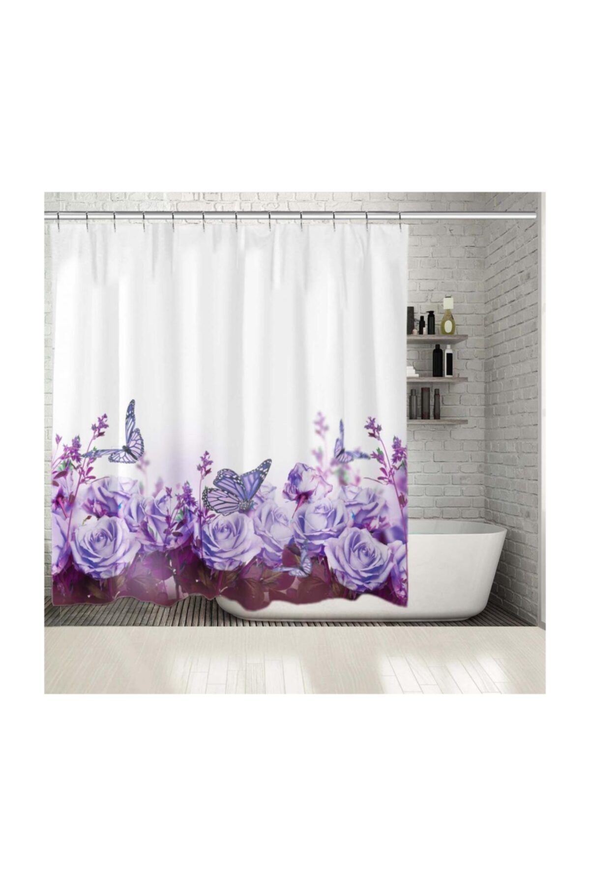 Henge Home Baskılı Duş Perde Mor Gül Ve Kelebek Etkili Bahar Çiçeği Desenli