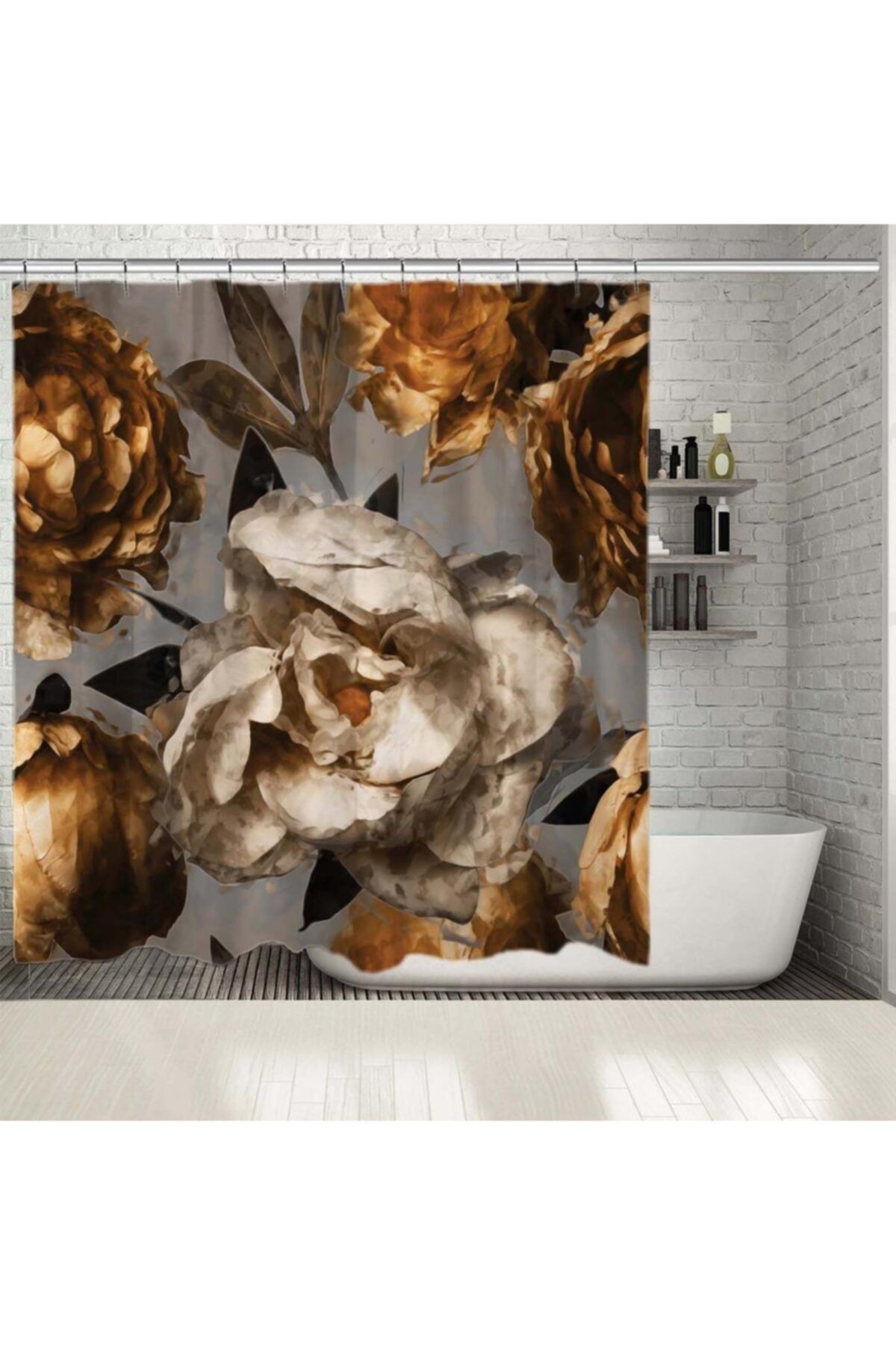 Henge Home Baskılı Duş Perde Beyaz Ve Altın Renkli Çiçek Desenli