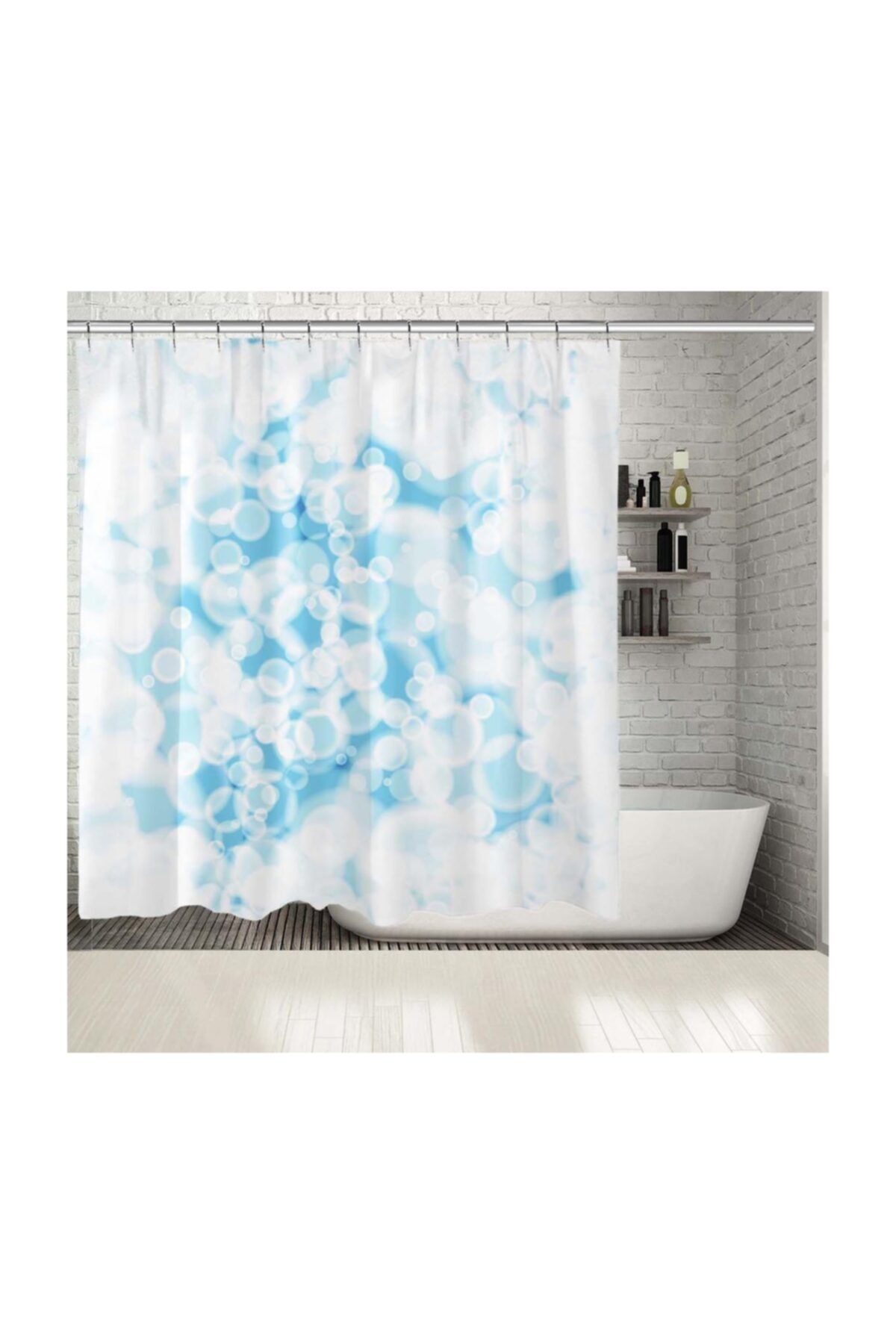 Henge Home Baskılı Duş Perde Soyut Boloncuk Desenli Mavi Beyaz