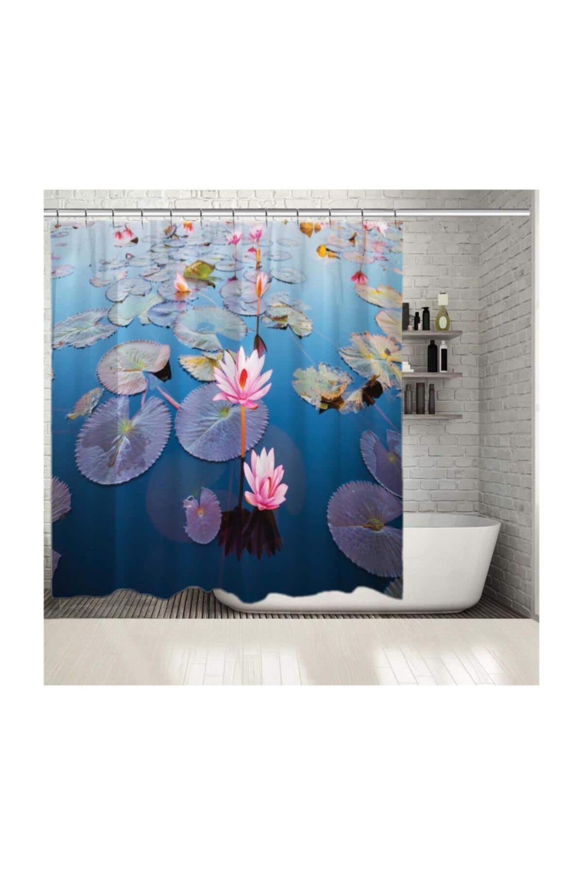 Henge Home Baskılı Duş Perde Güzel Lotus Çiçeği Açık Desenli