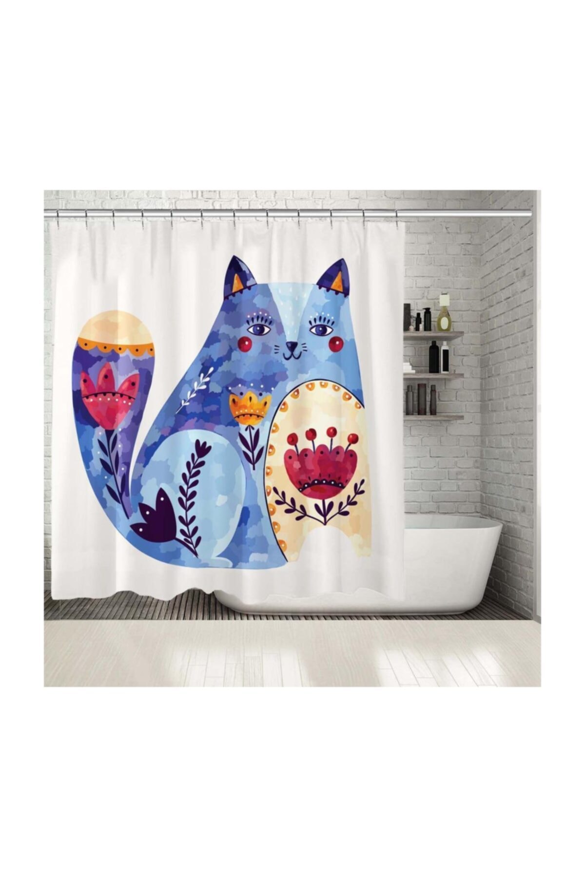 Henge Home Baskılı Duş Perde Dekoratif Kedi Desenli Çok Renkli