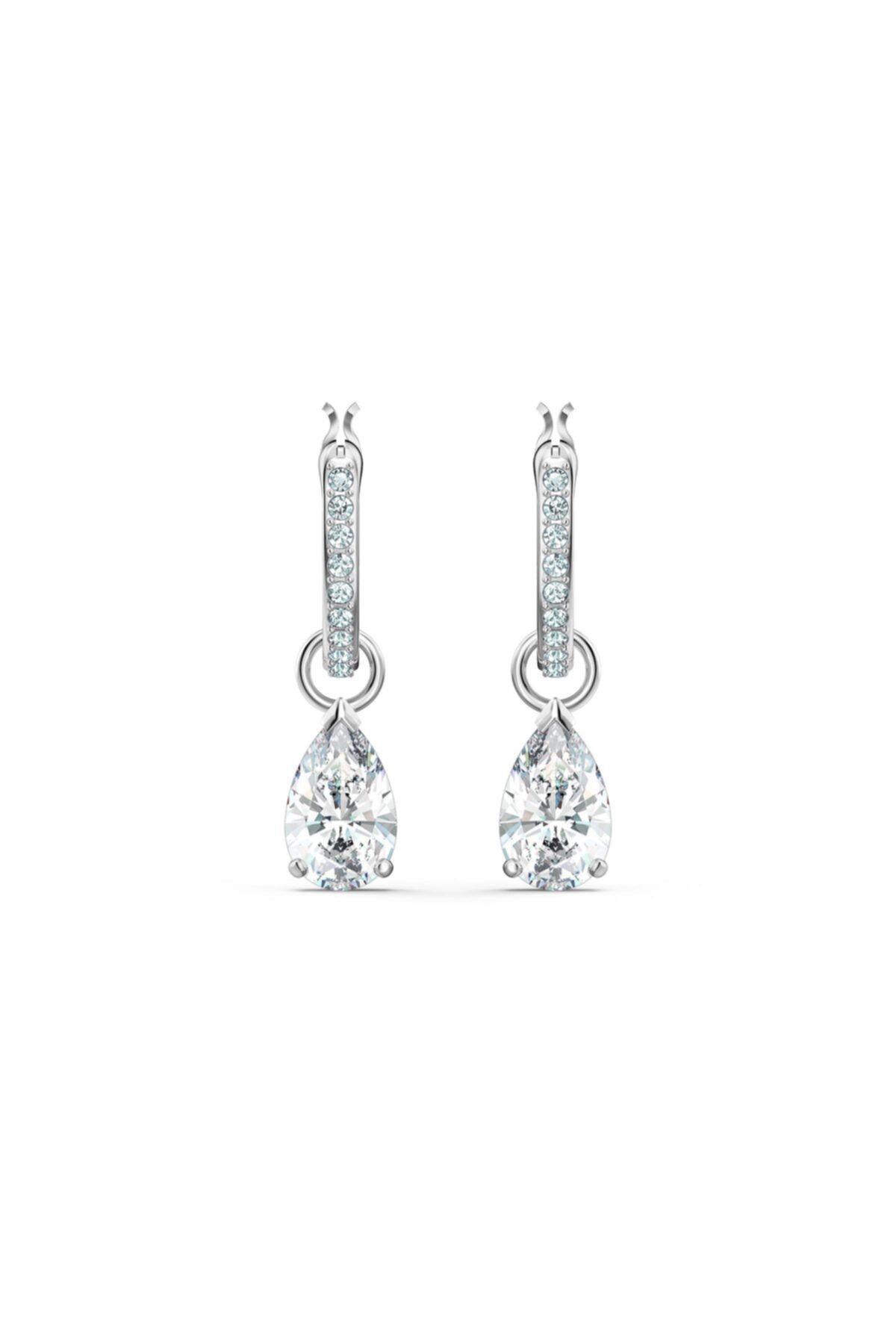 Swarovski Attract Mini Hoop Pear Küpe, Beyaz, Rodyum Kaplama