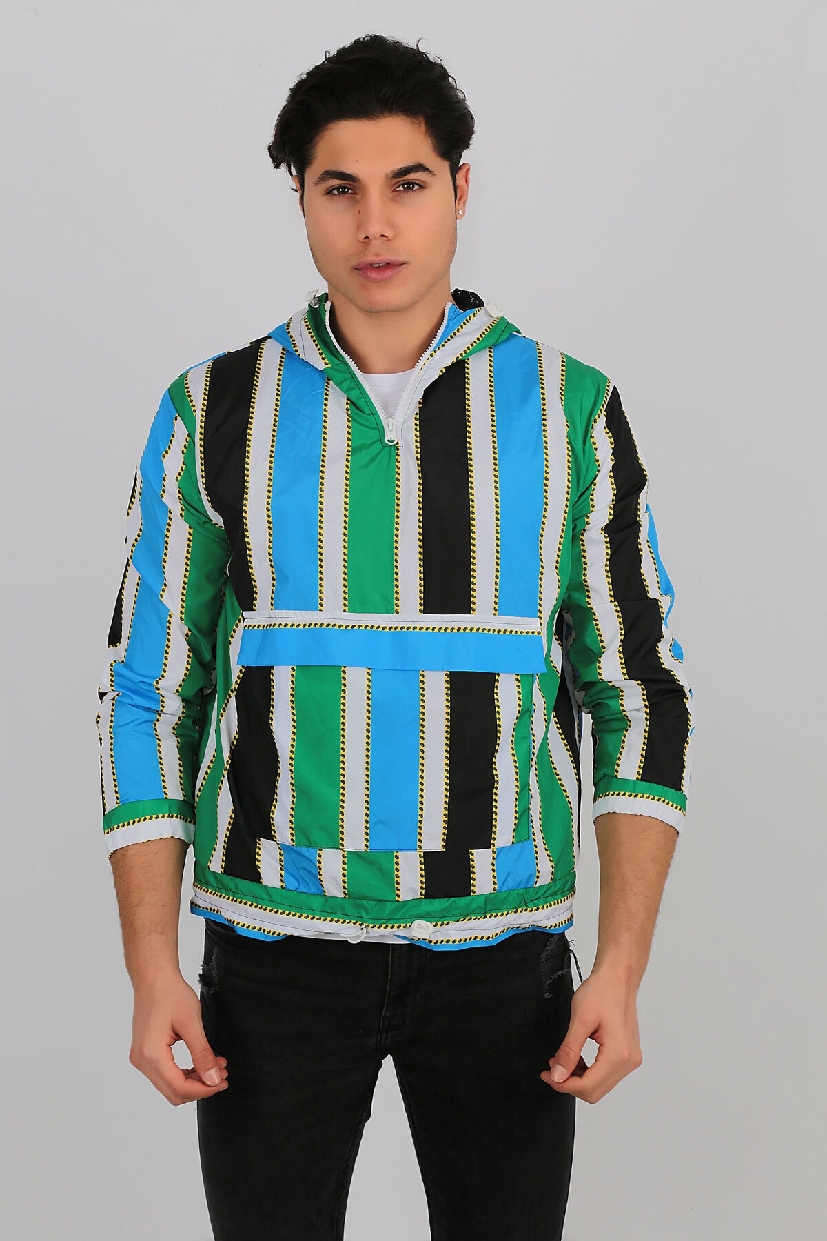 Penyelux Erkek Turkuaz Çizgili Yağmurluk