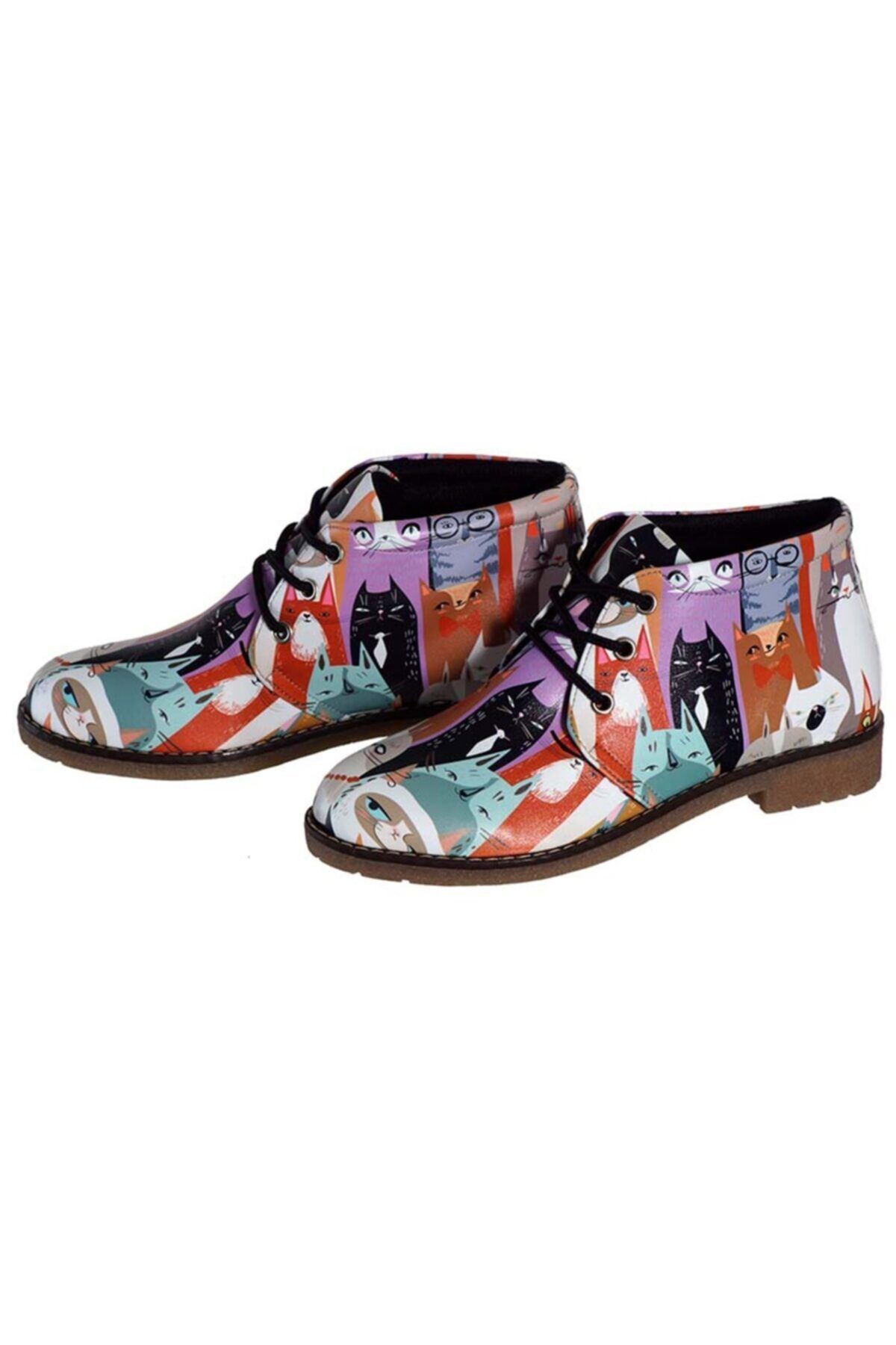azizsahinshoes Kadın Beyaz Renkli Kedi Baskılı Ayakkabı