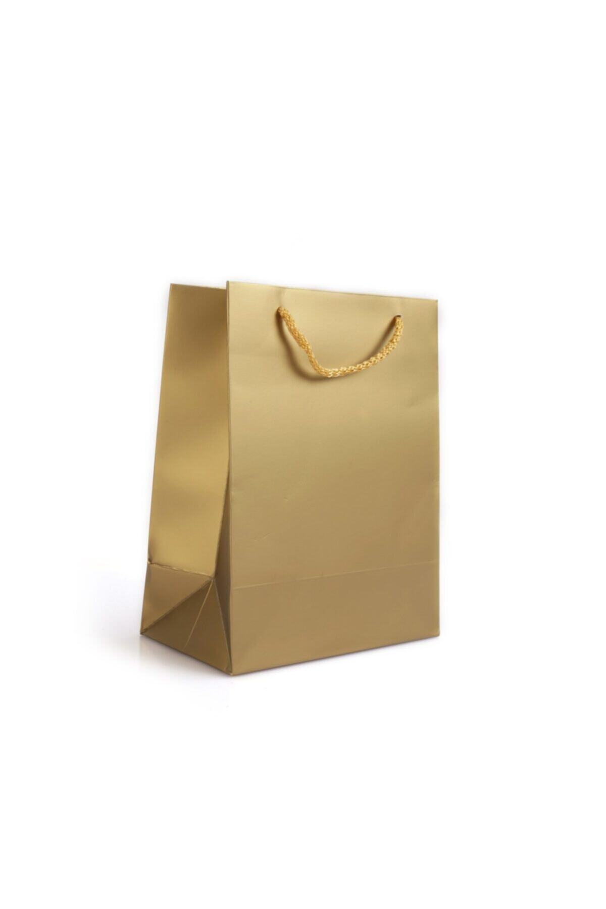 PAKETPARTİ Karton Çanta Mat Altın Selefonlu 18x23x10 Cm (12'li)