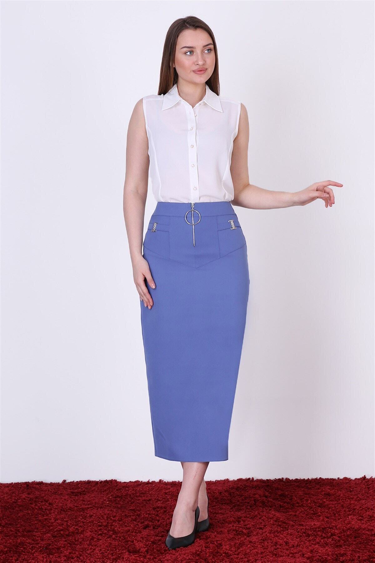 apsen Kadın İndigo Fermuar ve Parlak Taş Detaylı Tesettür Kalem Etek 1994/90