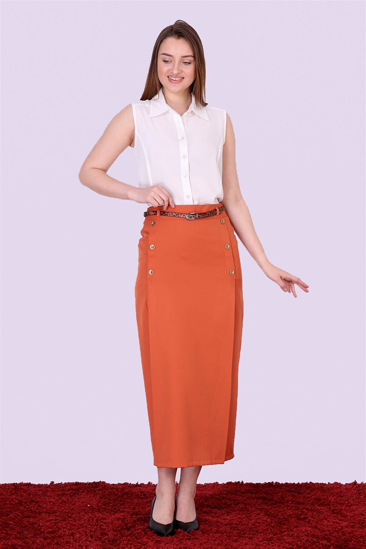 apsen Kadın Kiremit Kemerli Düğme Detaylı Tesettür Etek 2085/90