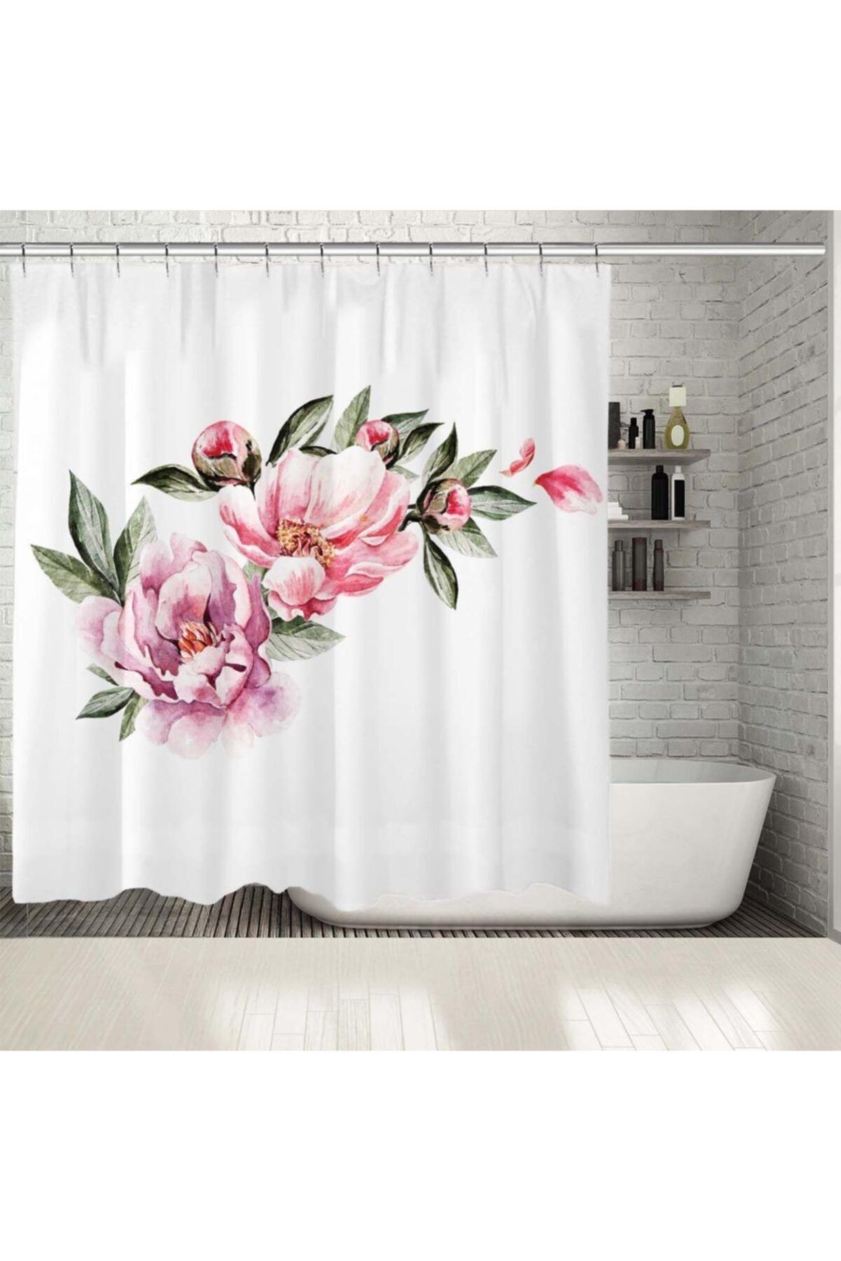 Henge Home Baskılı Duş Perde Sulu Boya Etkili Buket Çiçek Desenli