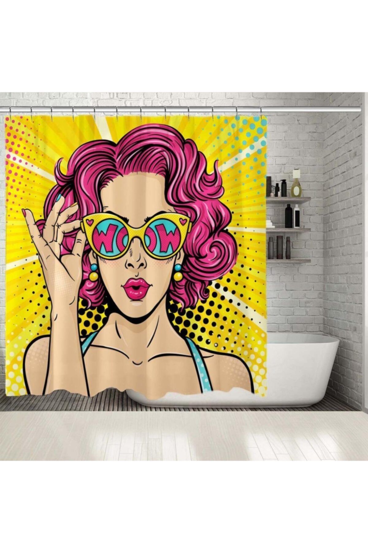 Henge Home Baskılı Duş Perde Pop Art Yüzü Güneş Gözlüğü Kadın Desenli