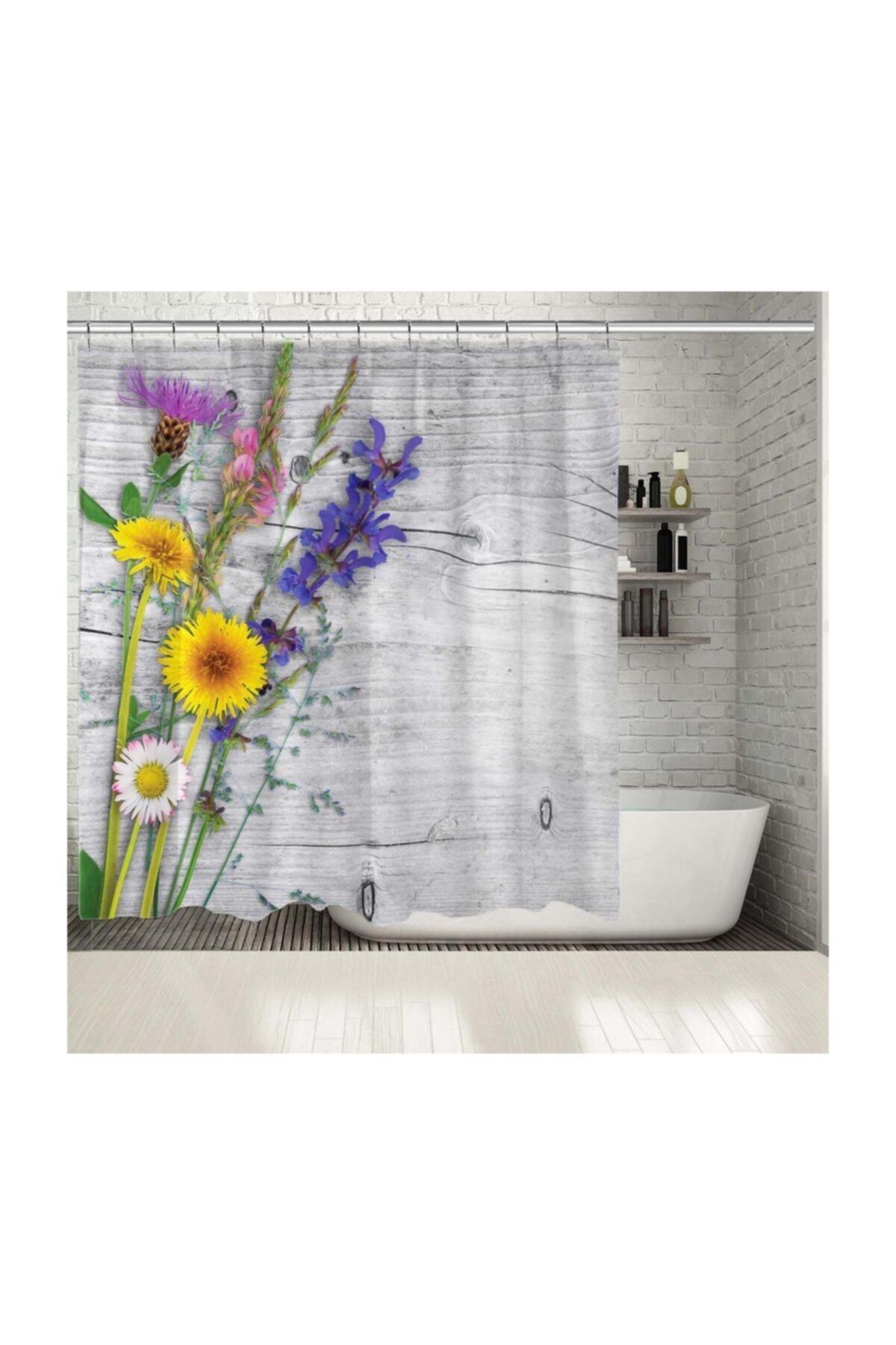 Henge Home Baskılı Duş Perde Gri Ahşap Masa Üzerine Çayır Çiçek Desenli