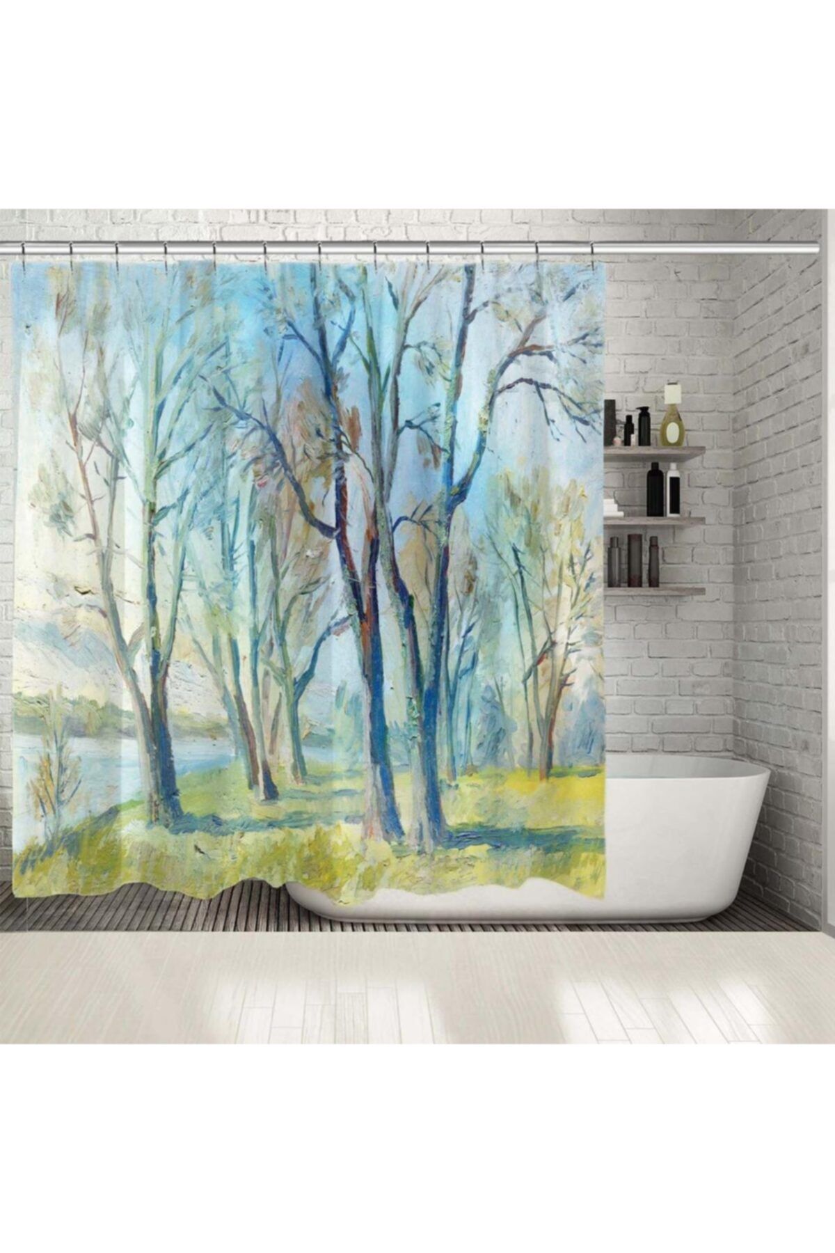 Henge Home Baskılı Duş Perde Yağlı Boya Etkili İlkbahar Ağaç Manzaralı