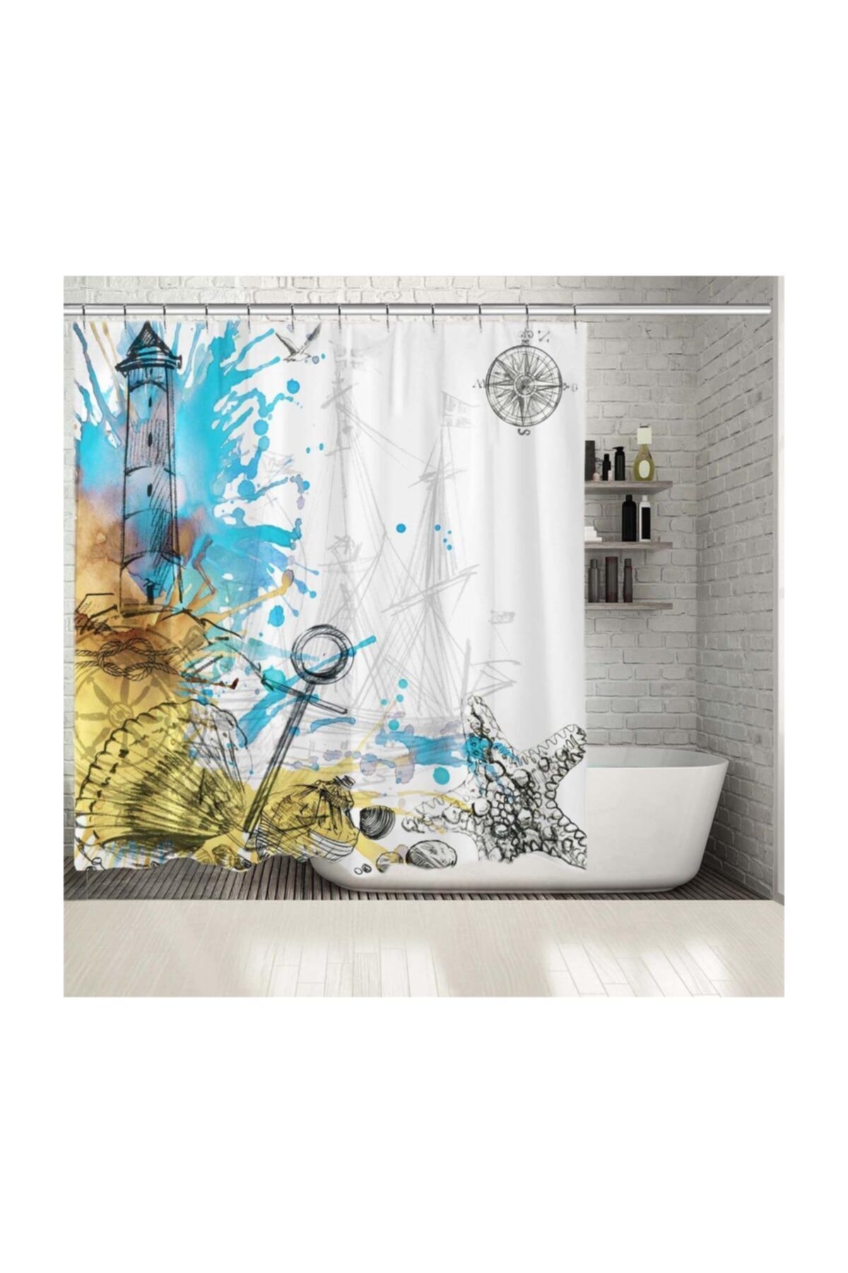 Henge Home Baskılı Duş Perde Sulu Boya Etkili Renkli Kule Deseni Mavi