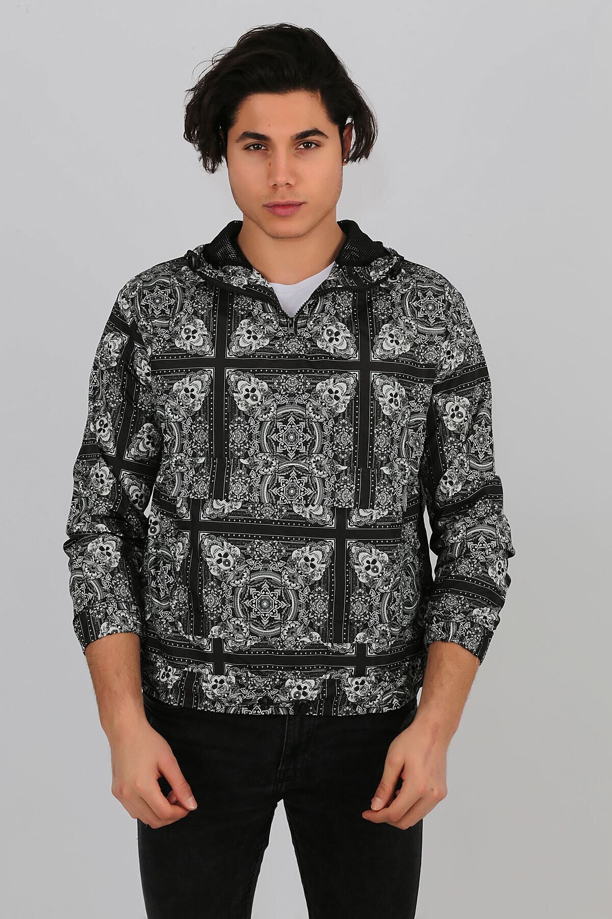 Penyelux Erkek Siyah Etnik Desenli Yağmurluk