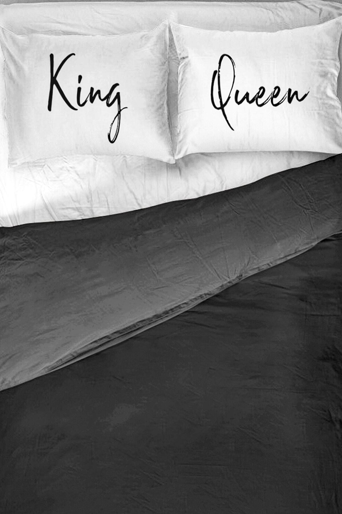 fekarehome Beyaz King Queen Yazılı Dekoratif Yastık Kılıfı 50x70 cm