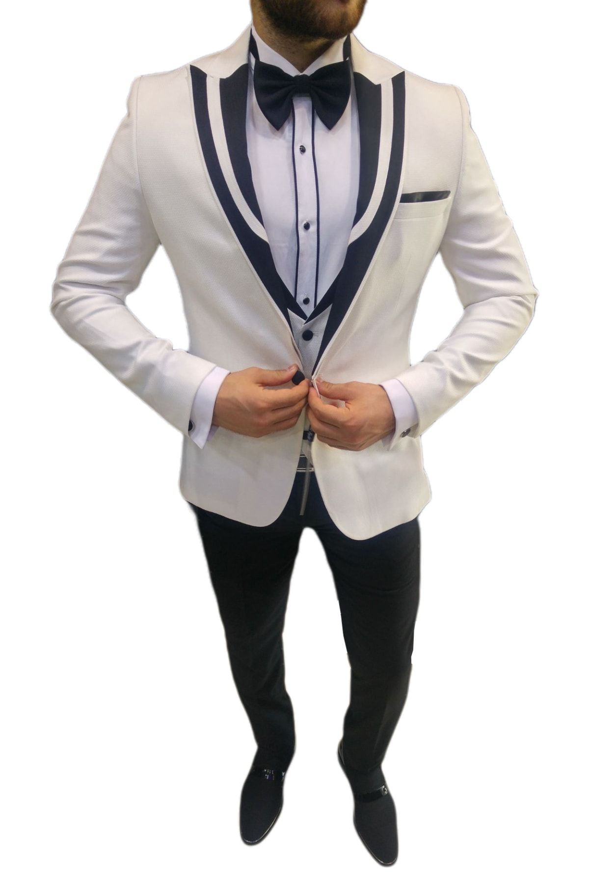 eximius Erkek Beyaz Yelekli Damatlık Set Slim Fit