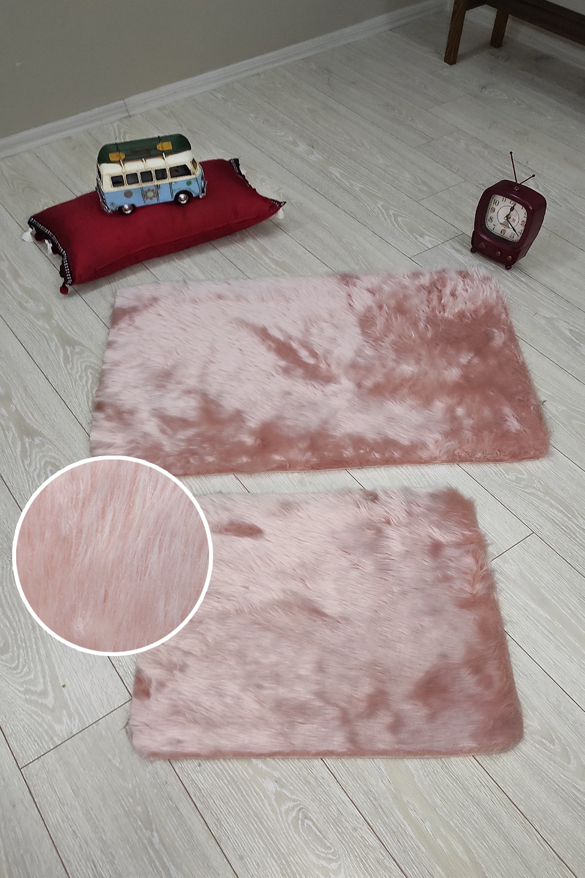 KARNAVAL HOME Karnaval Pembe Dikdörtgen Peluş Post Ikili Banyo Paspas Takımı - 50x60 Ve 60x90 Cm