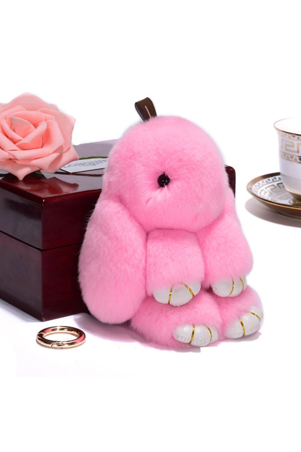 elife Es1014 Suni Kürklü Sevimli Yumuşak Peluş Tavşan Anahtarlık & Çanta Aksesuarı 18 Cm. Koyu Pembe
