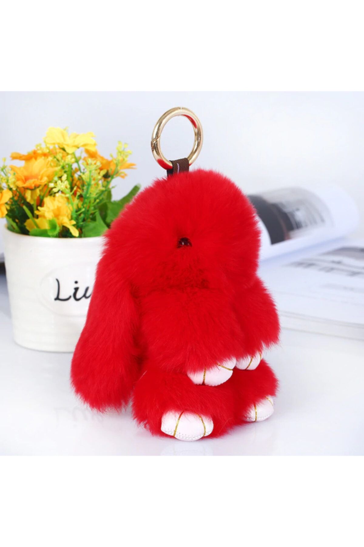 elife Es1014 Suni Kürklü Sevimli Yumuşak Peluş Tavşan Anahtarlık & Çanta Aksesuarı 18 Cm. Kırmızı Renk