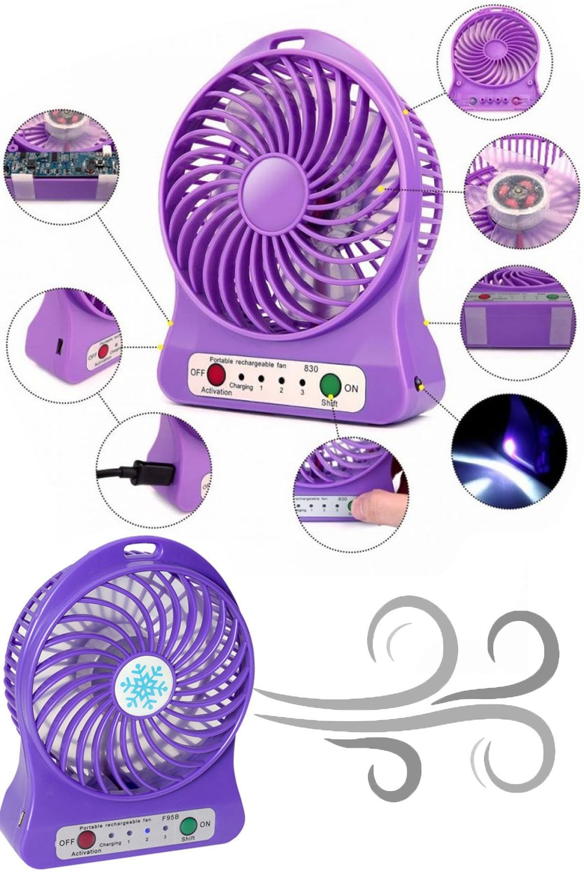 Mobee Mor Masaüstü Şarjlı Fan Vantilatör Usb Girişli