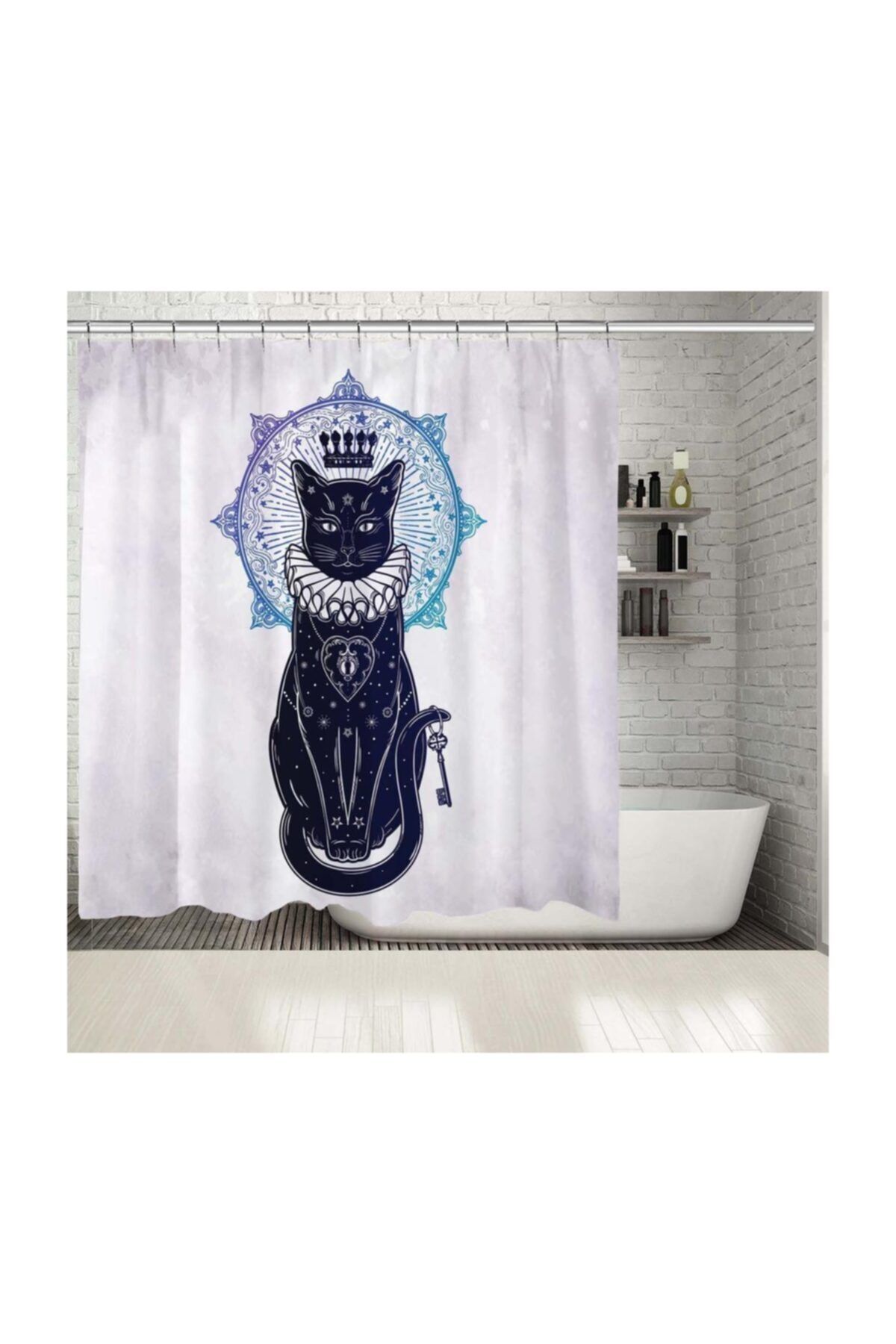 Henge Home Baskılı Duş Perde Gizli Anahtar Kedi Desenli Lacivert Mavi