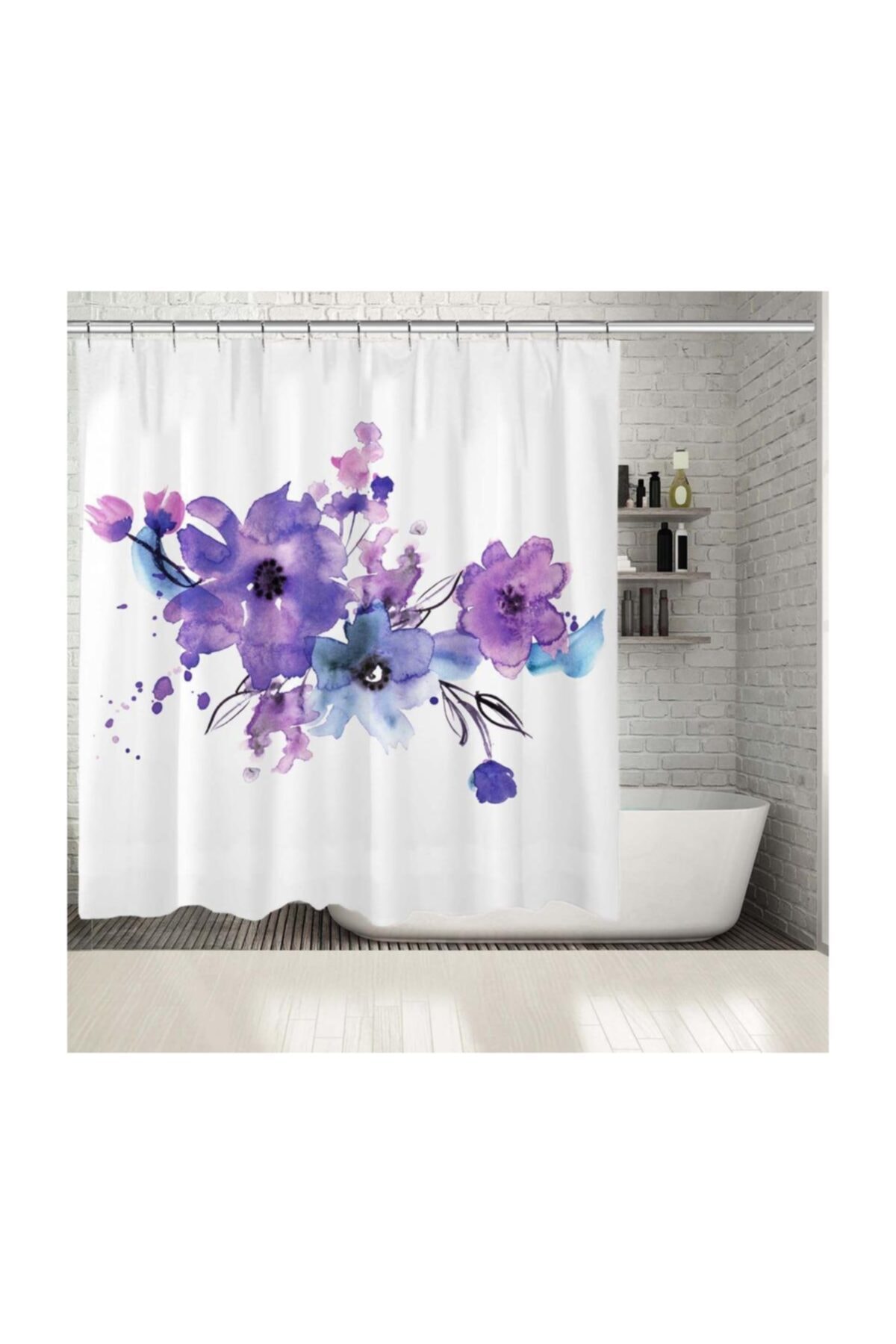 Henge Home Baskılı Duş Perde Sulu Boya Etkili Mor Menekşe