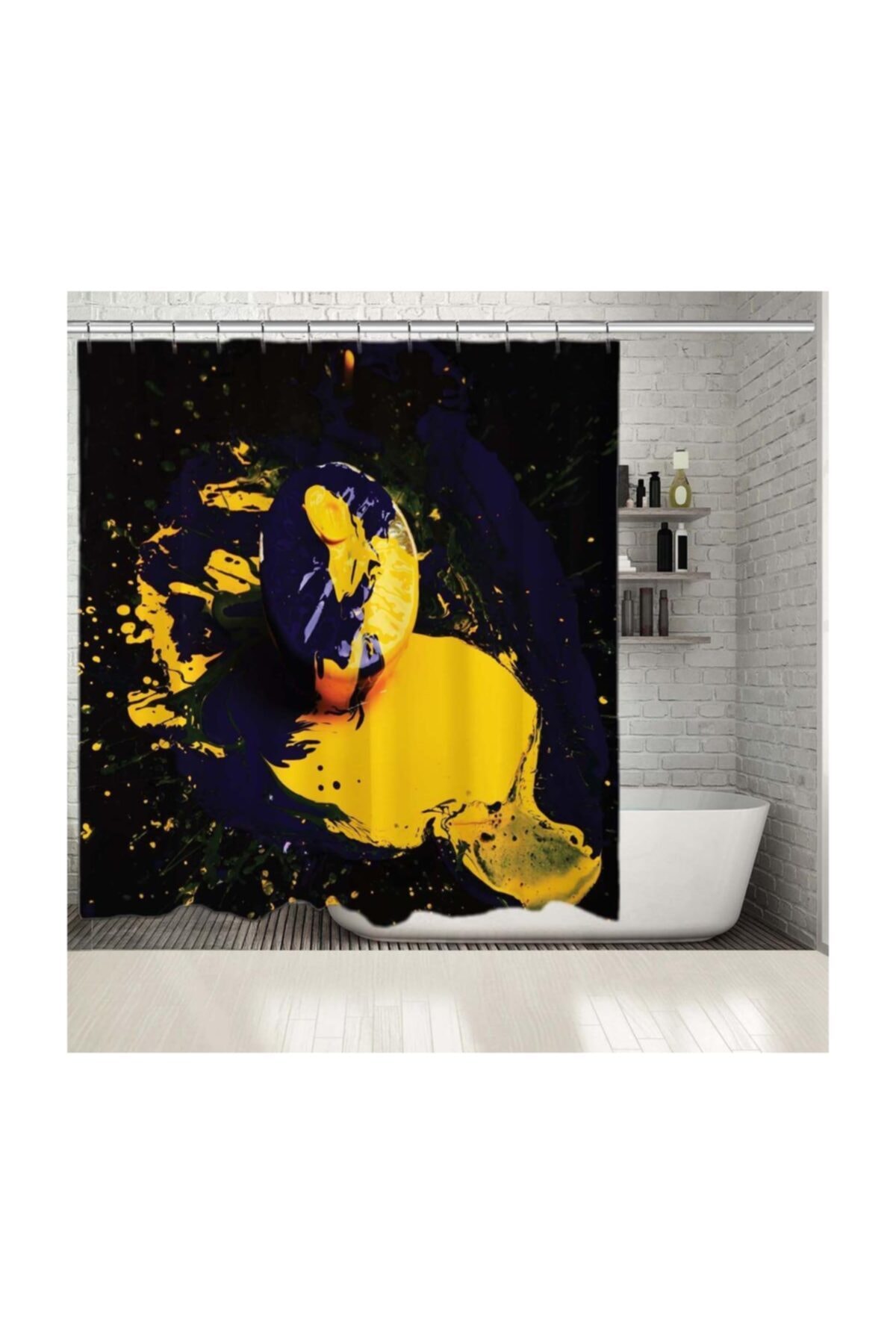 Henge Home Baskılı Duş Perde Greyfurt Yarısı Boya Kaplı Desenli Mavi Sarı
