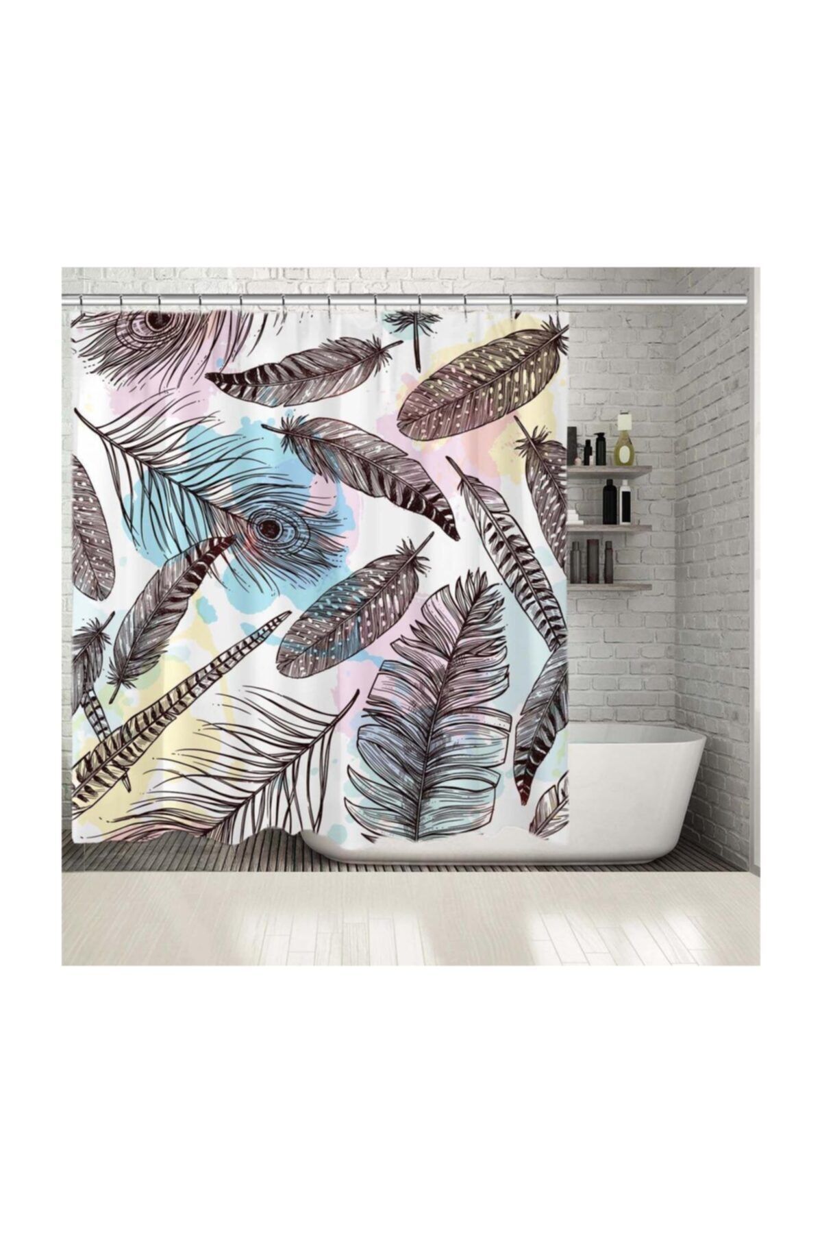 Henge Home Baskılı Duş Perde Renkli Kuş Tüy Desenli Pembe Mavi
