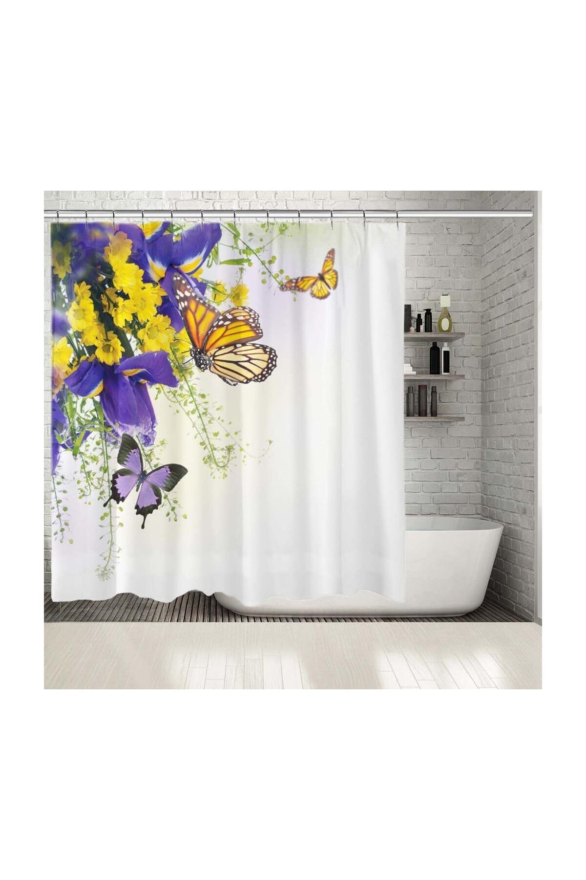 Henge Home Baskılı Duş Perde Sarı Papatya Mor Çiçek Kelebek Desenli