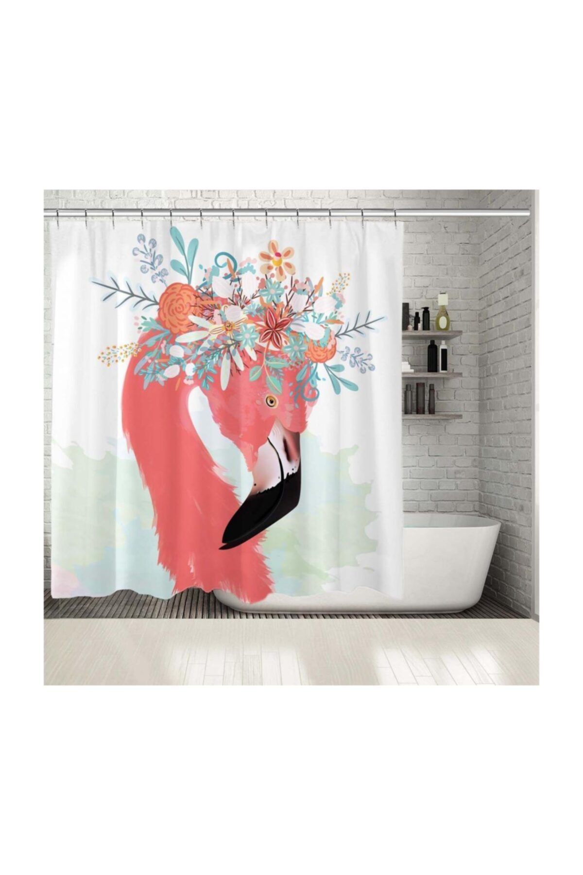 Henge Home Baskılı Duş Perde Sulu Boya Etkili Pelikan Çiçek Deseni