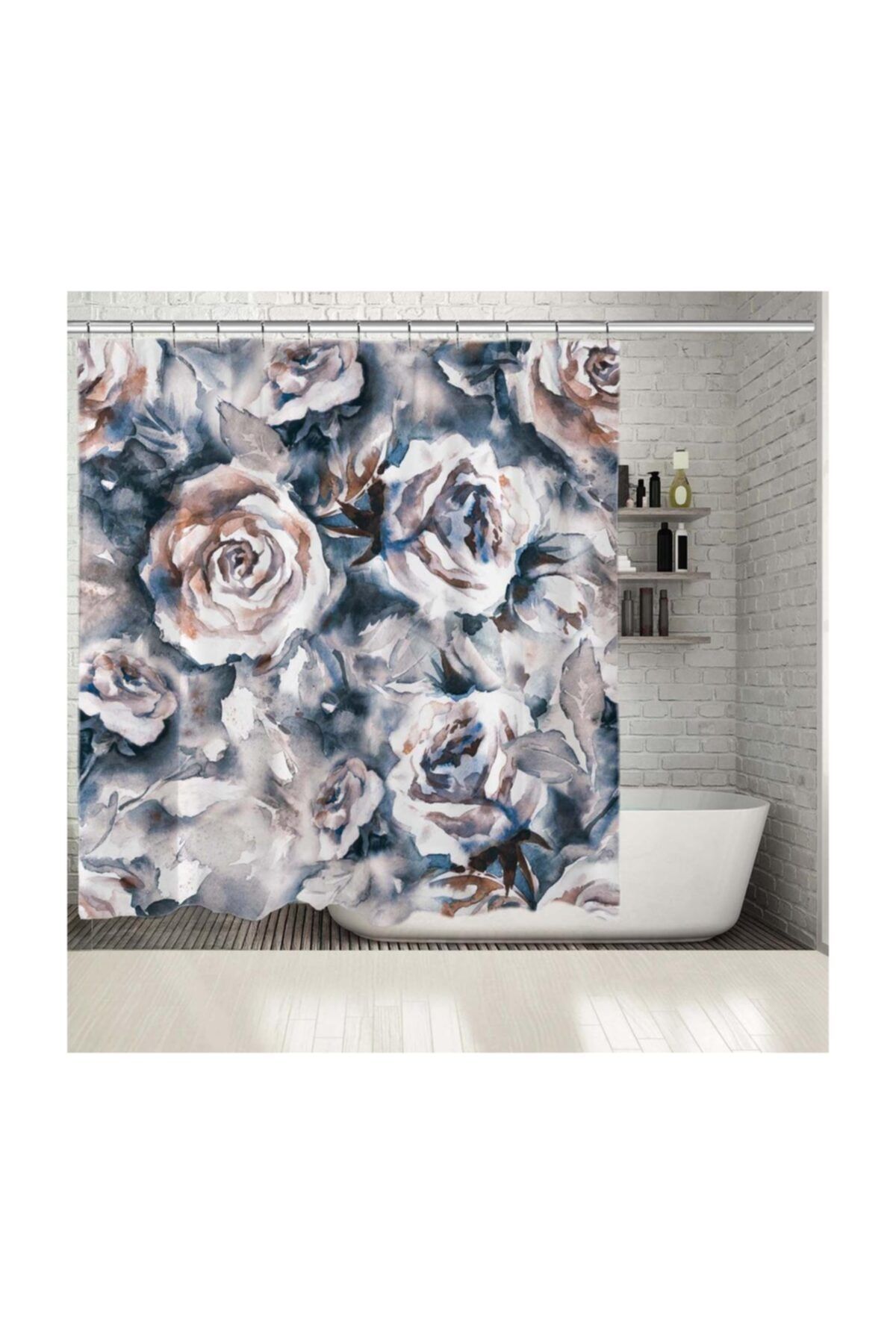 Henge Home Baskılı Duş Perde Soyut Gri Ve Pembe Gül Desenli