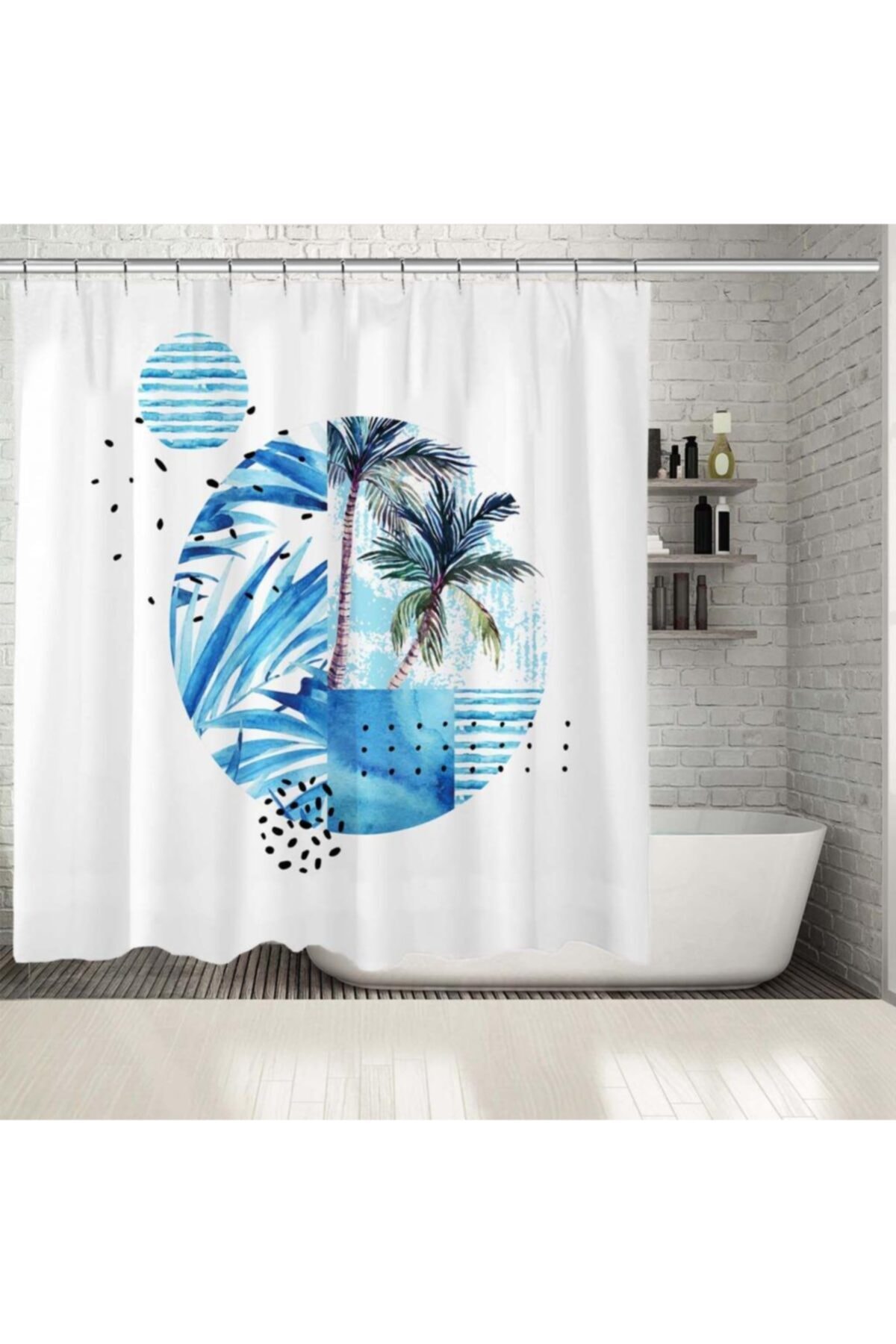 Henge Home Baskılı Duş Perde Sulu Boya Etkili Hurma Ağaç Desenli Mavi