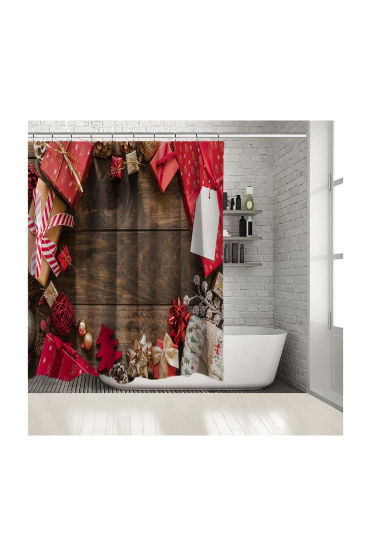 Henge Home Baskılı Duş Perde Kırmızı Çam Kozalak Hediye Paketleri Noel Yılbaşı