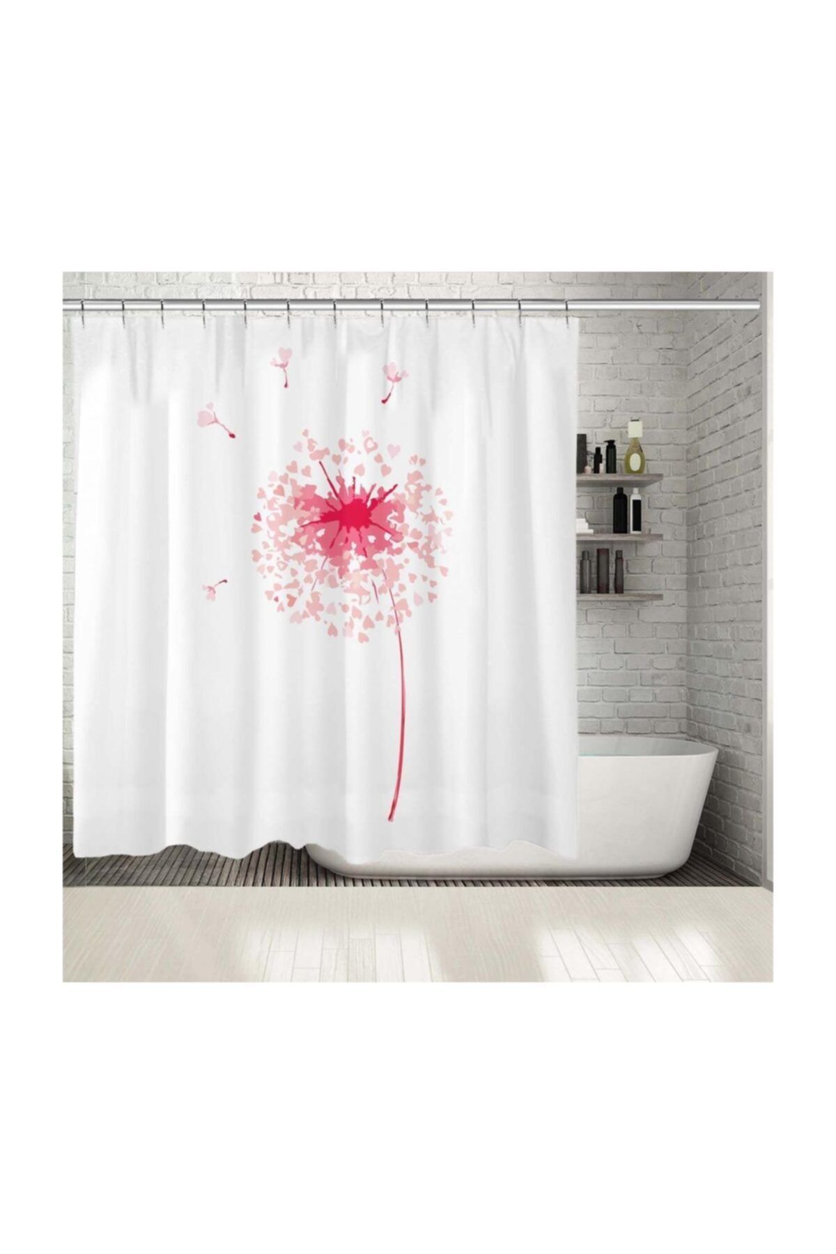 Henge Home Baskılı Duş Perde Pembe Beyaz Kalpli Karahindiba Desenli
