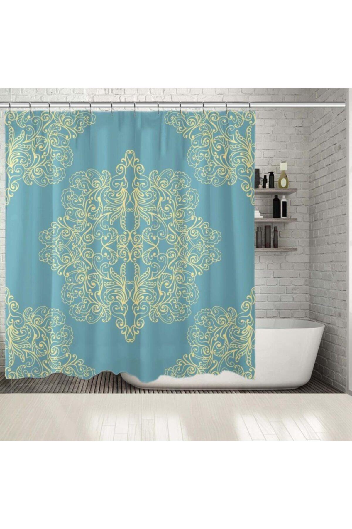 Henge Home Baskılı Duş Perde Kare Motif Desenli Bej Mavi Gold
