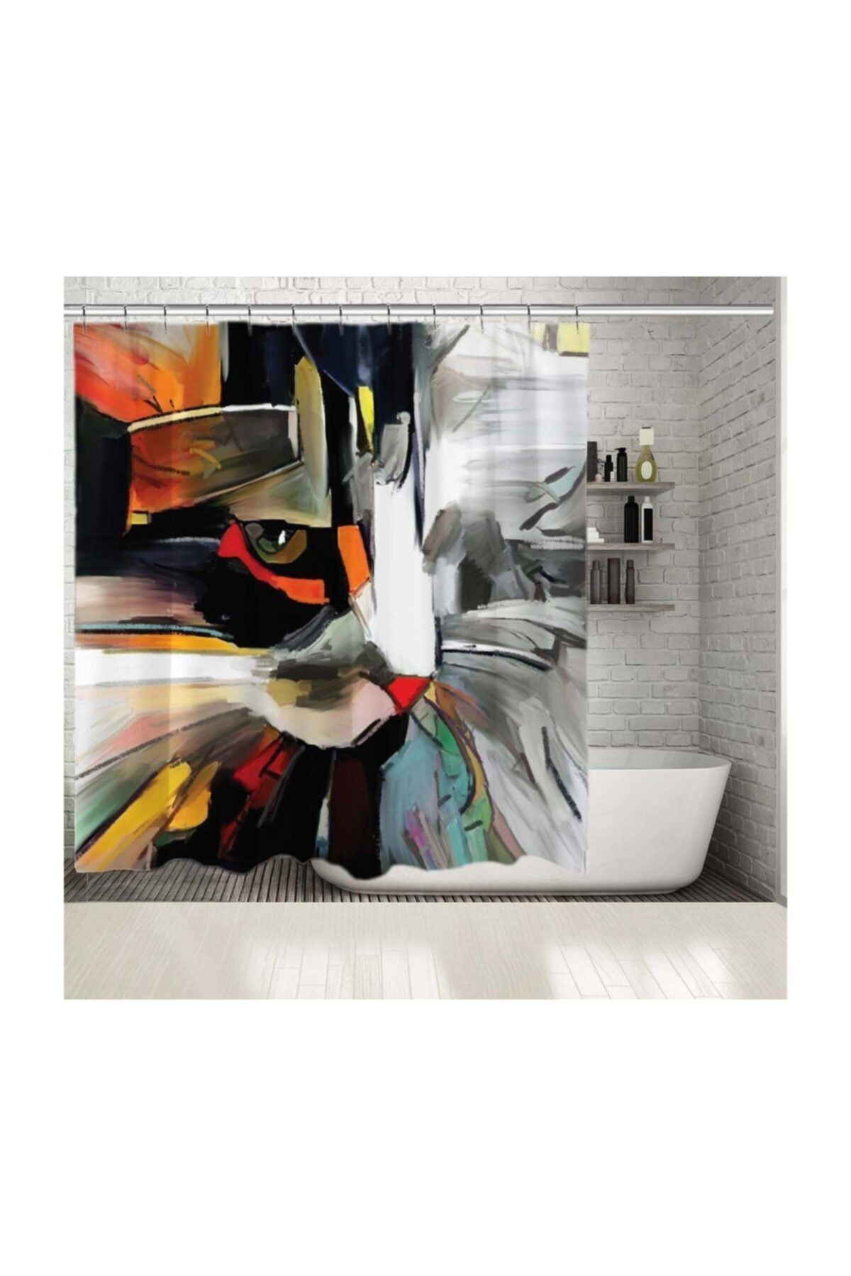 Henge Home Baskılı Duş Perde Renkli Sevimli Kedi Yüzü Desenli