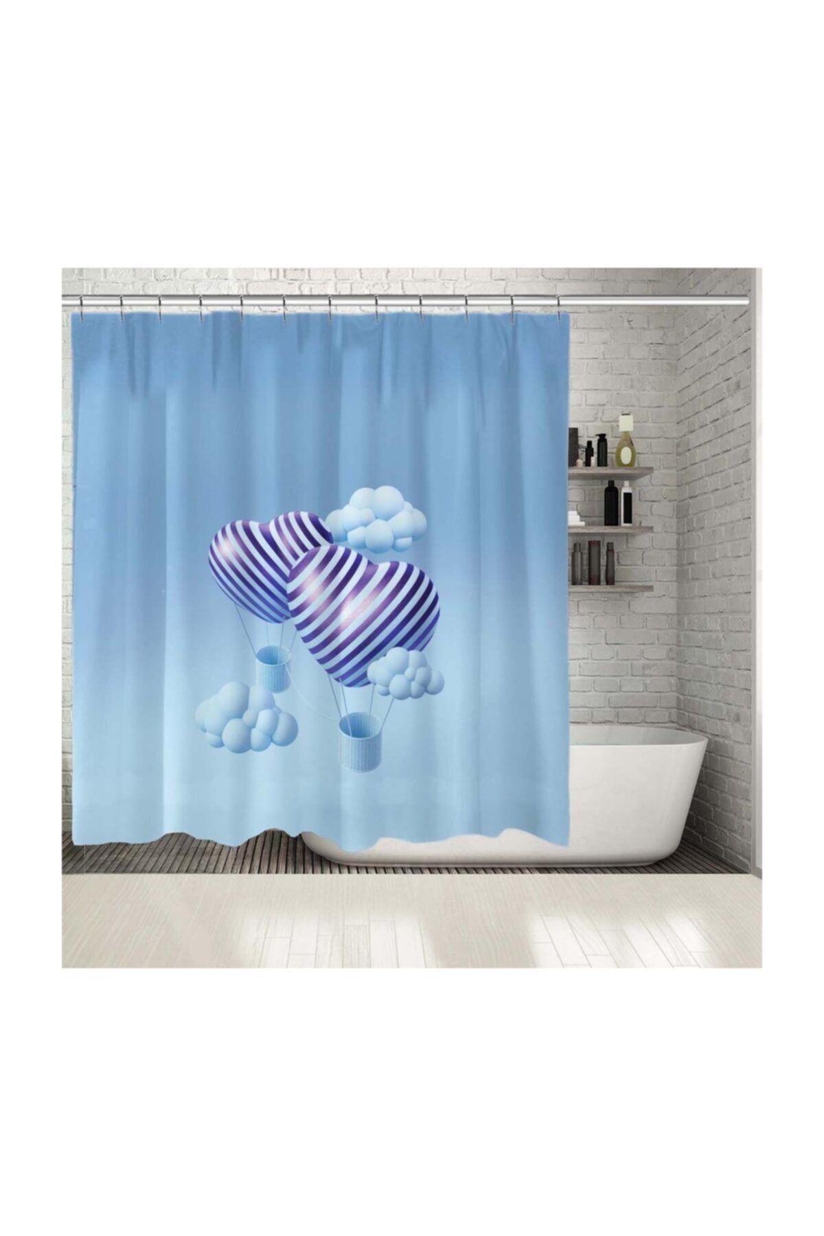 Henge Home Baskılı Duş Perde Buz Mavisiyle Bulutlarla Uçan Kalpler Desenli