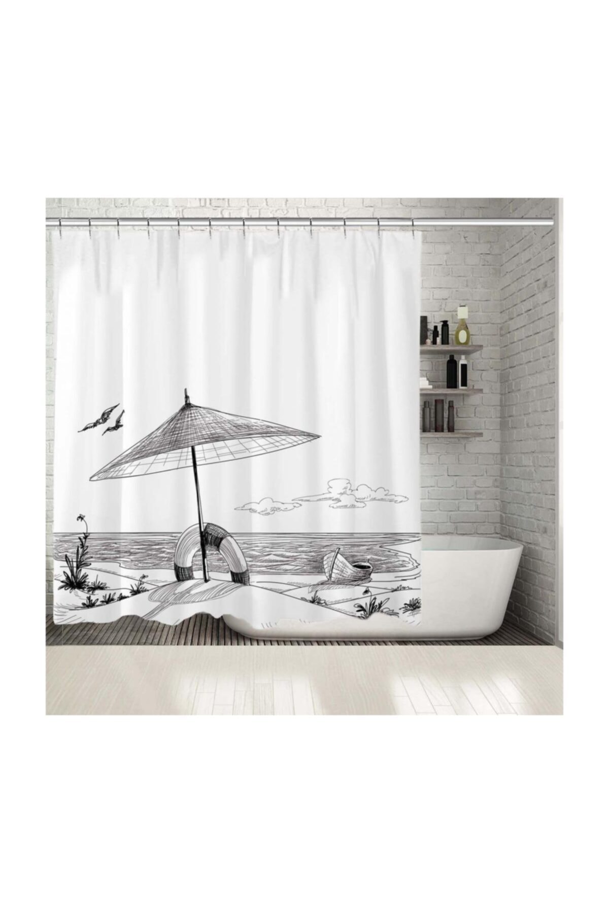 Henge Home Baskılı Duş Perde Yaz Sahil Şemsiye Desenli Siyah Beyaz