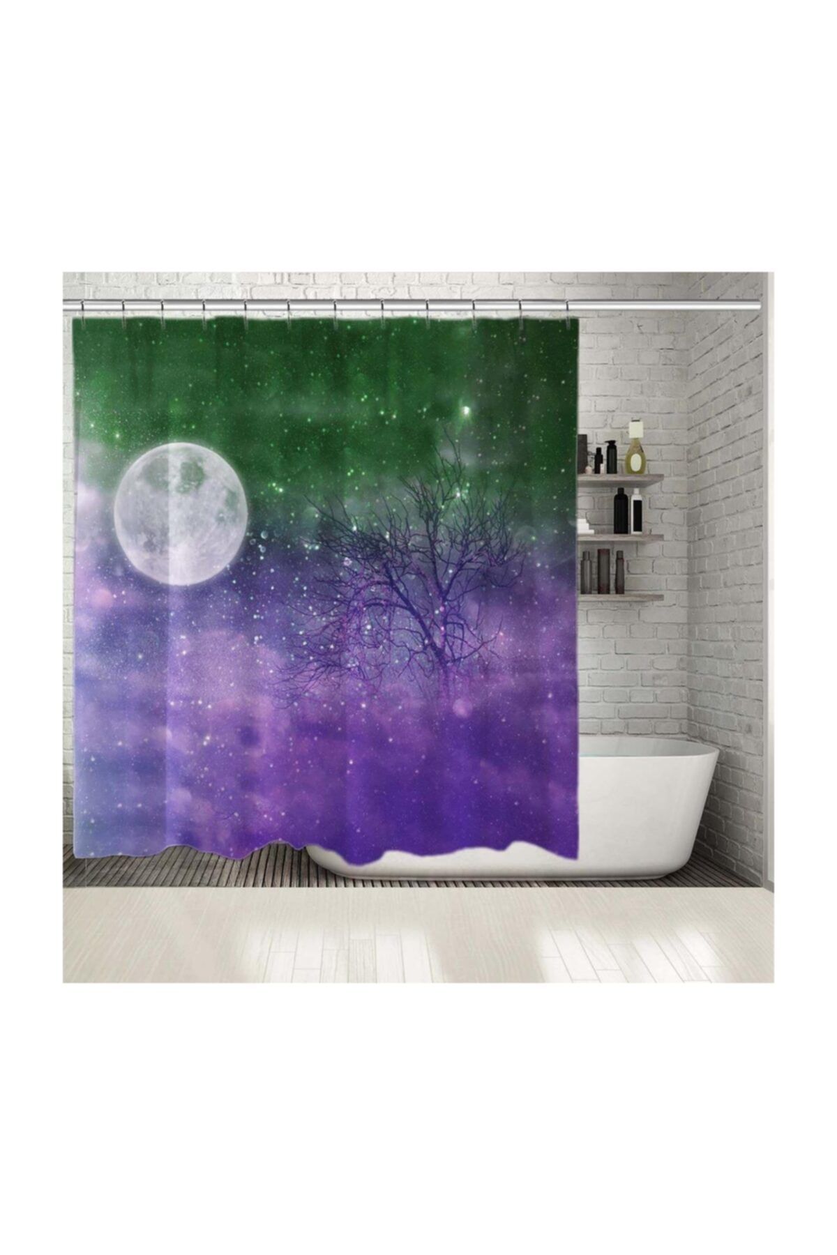 Henge Home Baskılı Duş Perde Mor Ve Yeşil Renk Etkili Ay Ve Ağaç Desenli