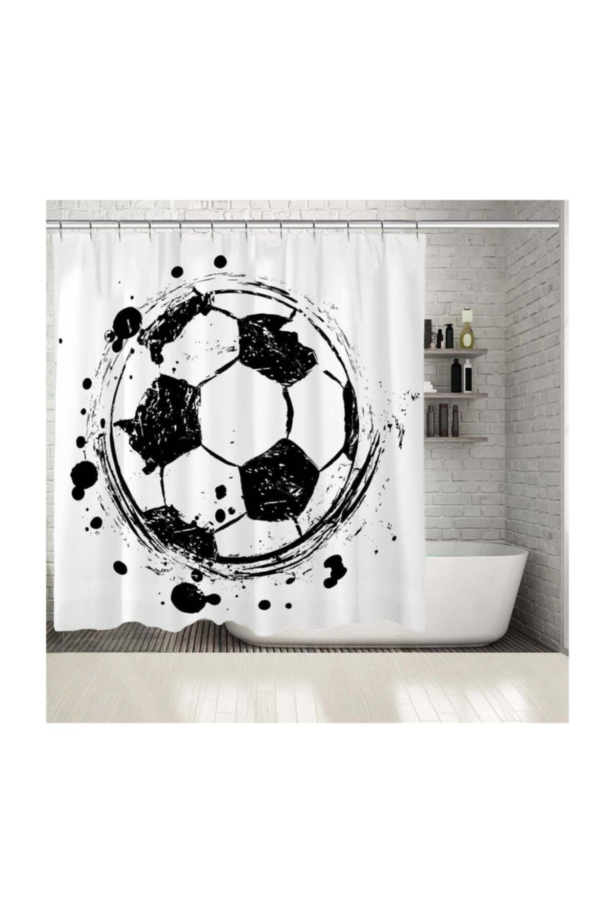 Henge Home Baskılı Duş Perde Sulu Boya Etkili Futbol Topu Deseni