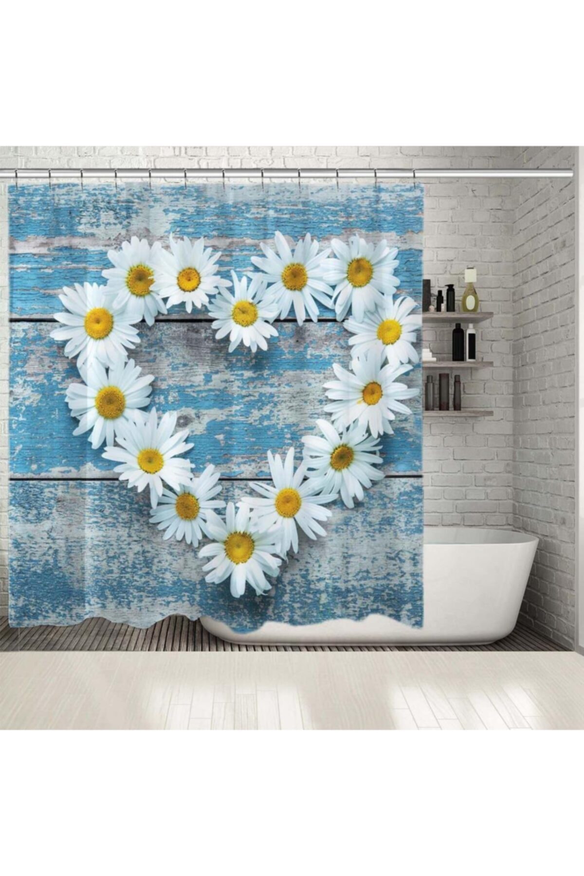 Henge Home Baskılı Duş Perde Mavi Ahşap Masa Kalp Şeklinde Papatya Desen