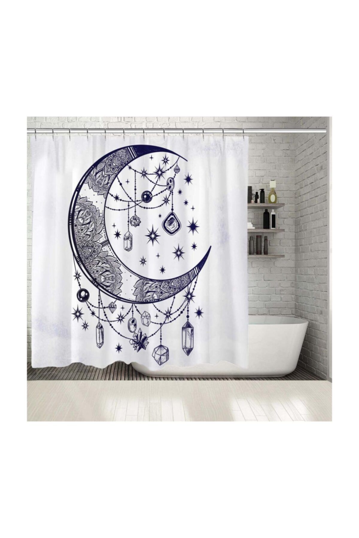 Henge Home Baskılı Duş Perde Parlak Taş Ay Hilal Desenli Lacivert