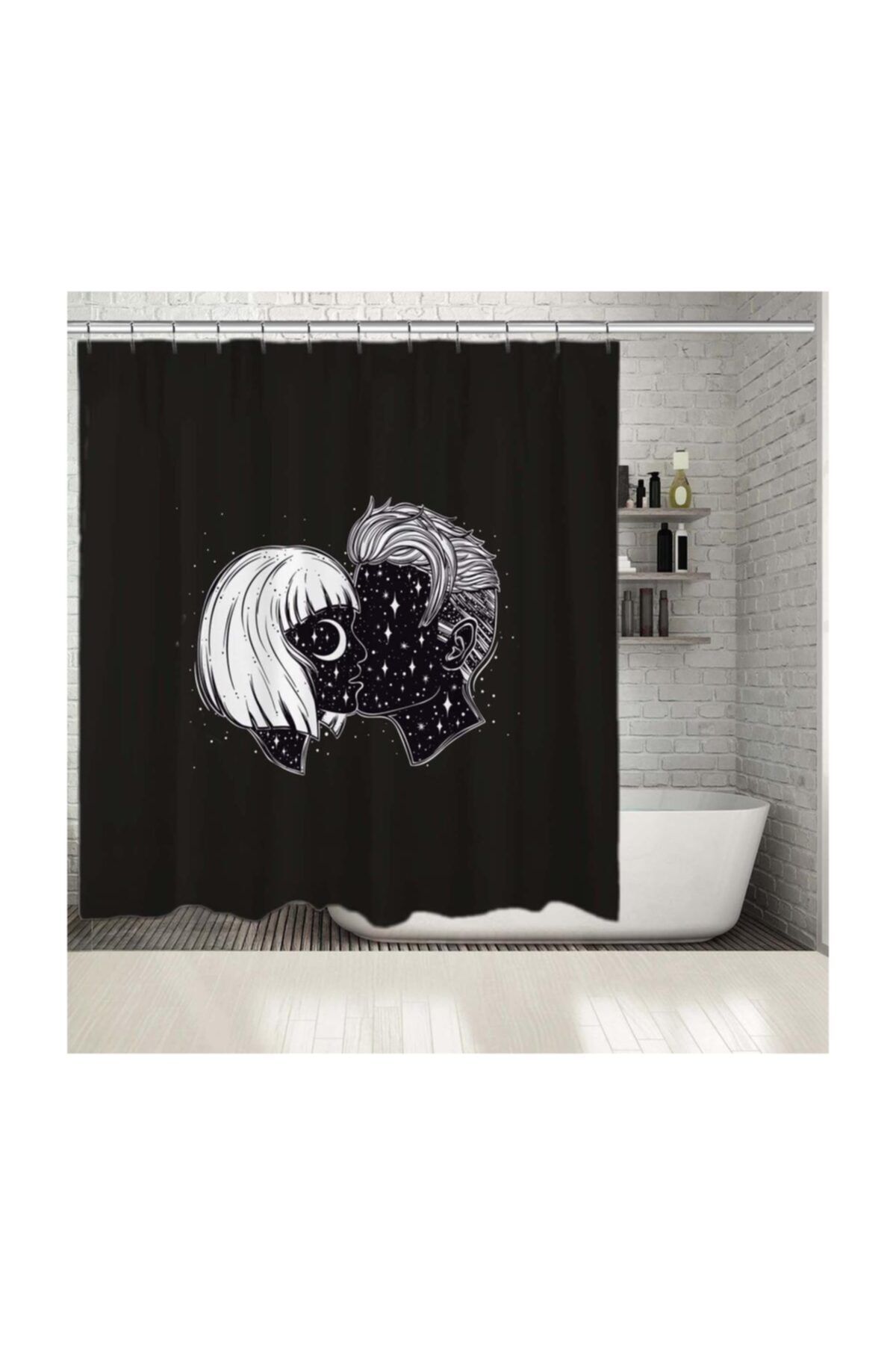 Henge Home Baskılı Duş Perde Romantik Aşk Gökyüzü Desenli Lacivert