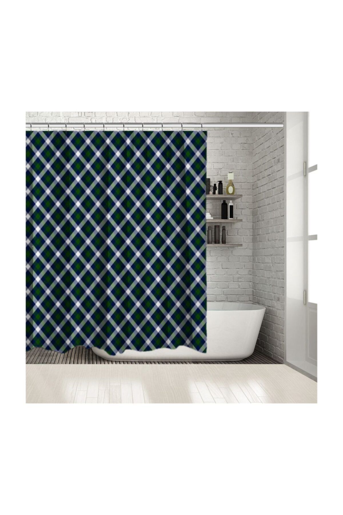 Henge Home Baskılı Duş Perde Noel Yılbaşı Tartan Ekose Desen Yeşil Laci Beyaz Renk