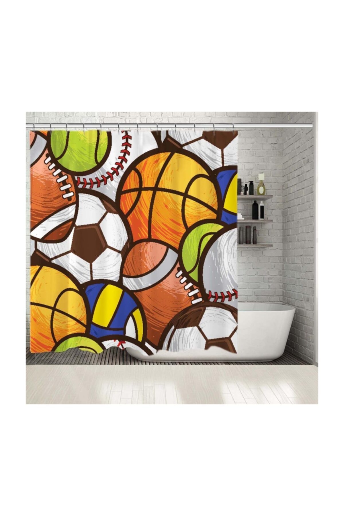 Henge Home Baskılı Duş Perde Renkli Top Deseni Mavi Kahverengi Turuncu