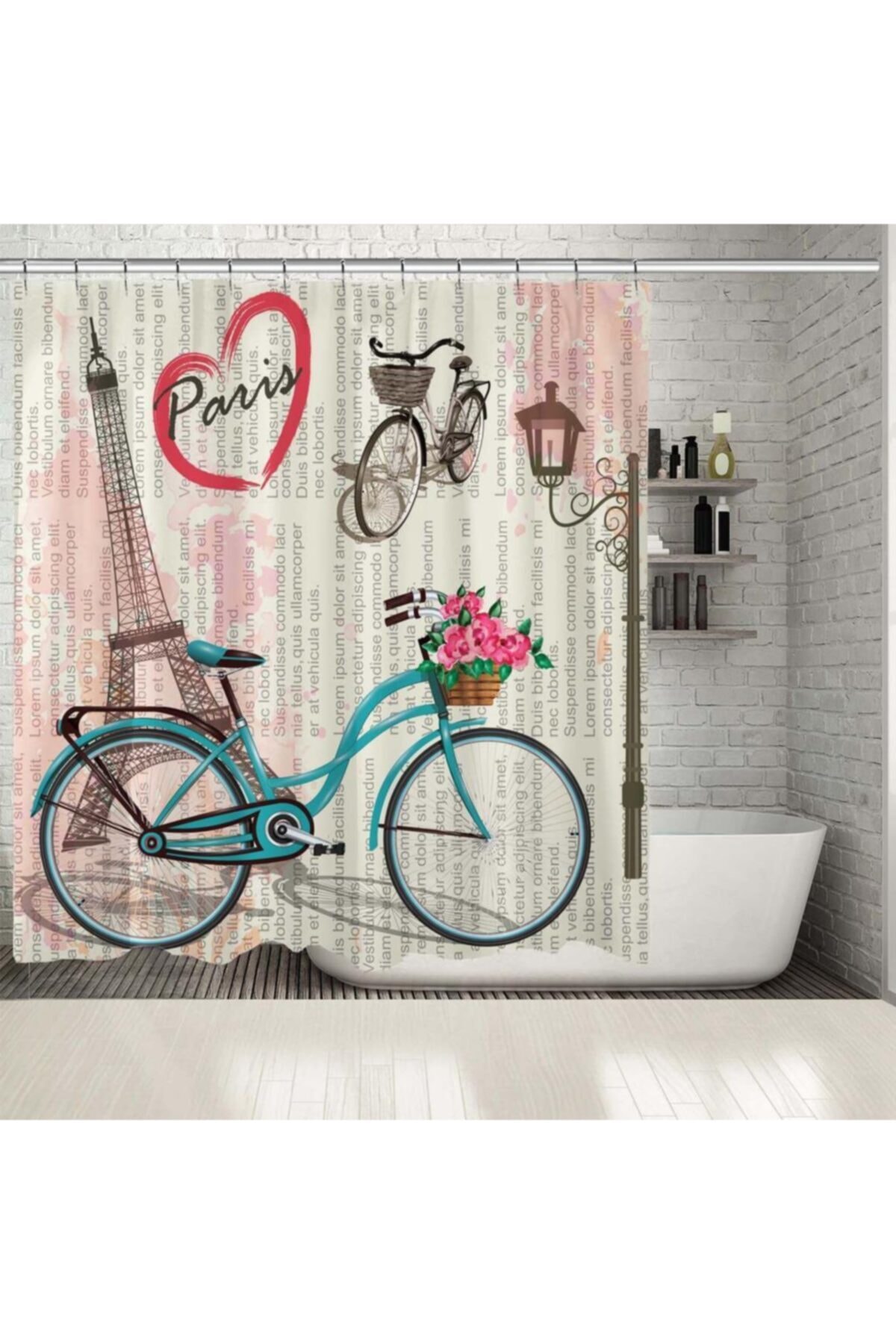 Henge Home Baskılı Duş Perde Retro Bisiklet Desenli Pembe Mavi Çiçekli