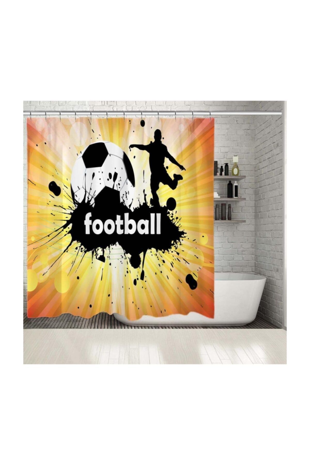 Henge Home Baskılı Duş Perde Futbol Top Deseni Sarı