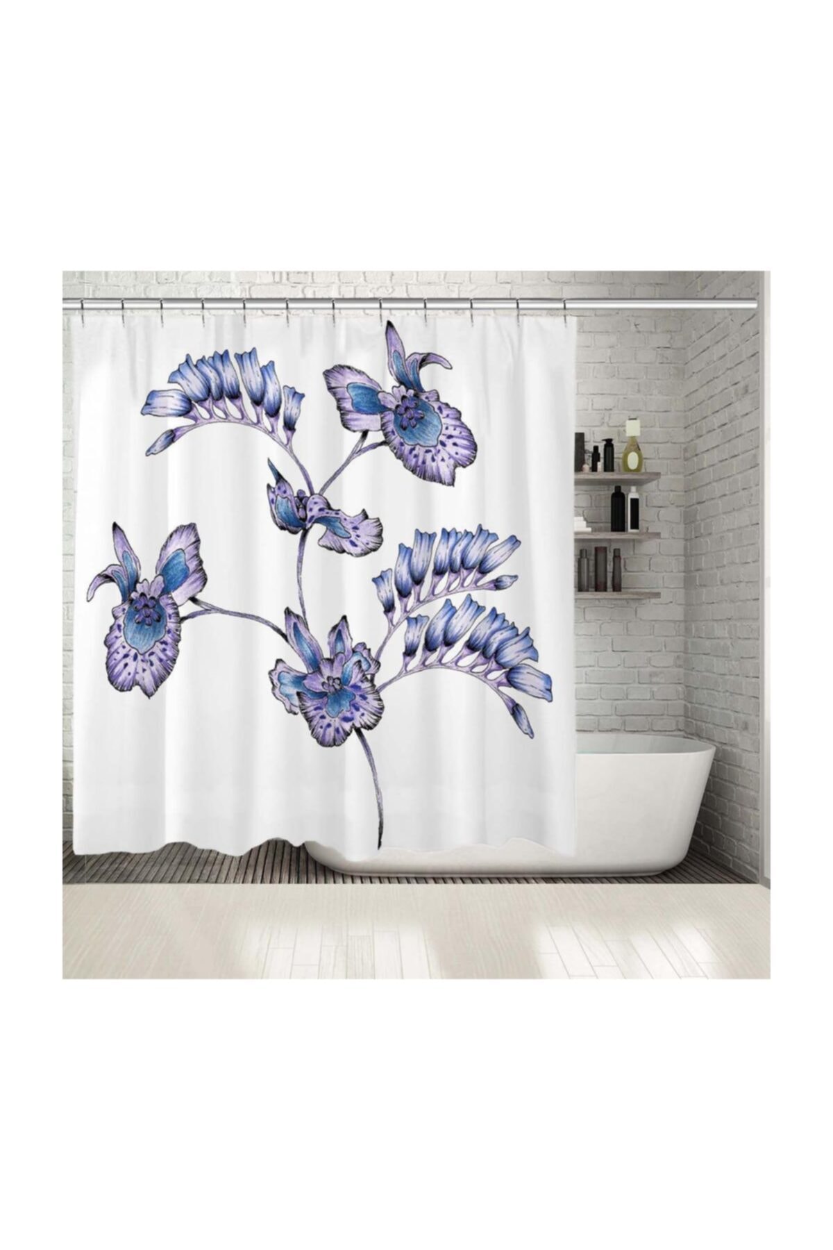Henge Home Baskılı Duş Perde Lila ve Morlu Uzun Yapraklar Desenli