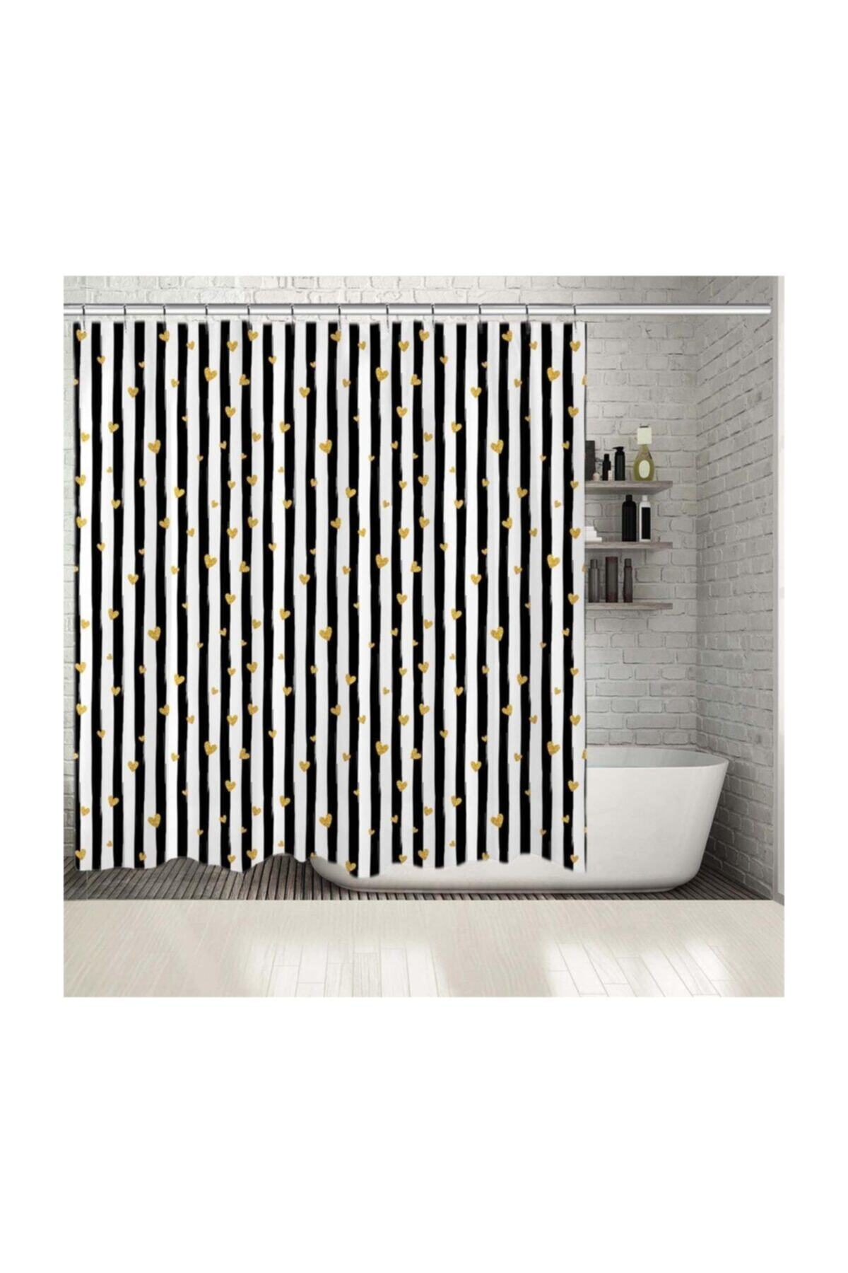 Henge Home Baskılı Duş Perde Altın Kalp Desenli Siyah Çizgili Dekoratif