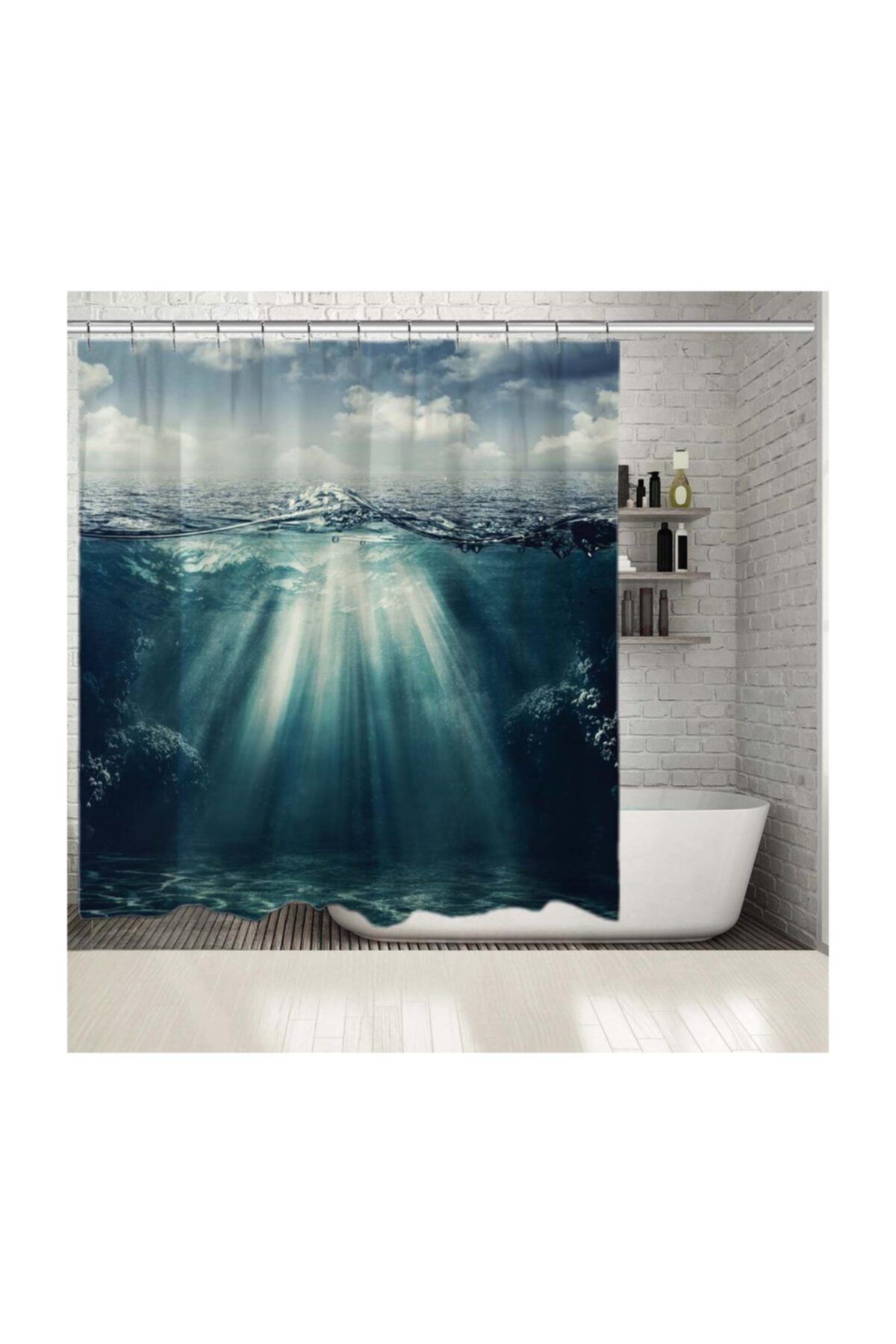 Henge Home Baskılı Duş Perde Sualtı Manzaralı Gökyüzü Desenli